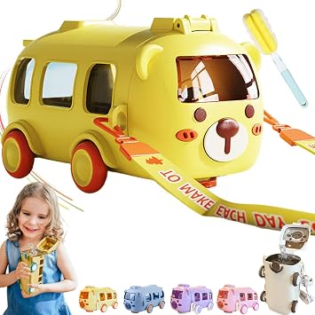 Portable Water Cup in Bus Shape with Strap, 16.9Oz Leak Proof Bus Shaped Water Cup Bottle, Portable Cute Bounce Flip Top Straw Drinking Bottle, Detachable Fun Cars Jug Toy for Camping Yellow