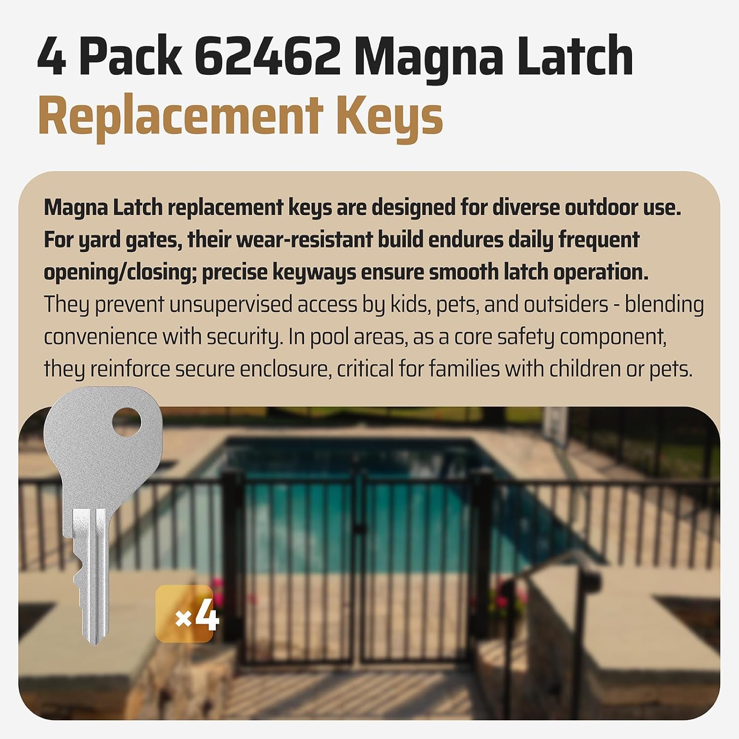 Magna Latch Replacement Keys, 4 Pack 62462 Keys - Compatible with D&D MagnaLatch Series 2 (Old Style, Downward-Facing Keyhole) & LokkLatch - for Yard, Garden & Pool Gate Safety Latches