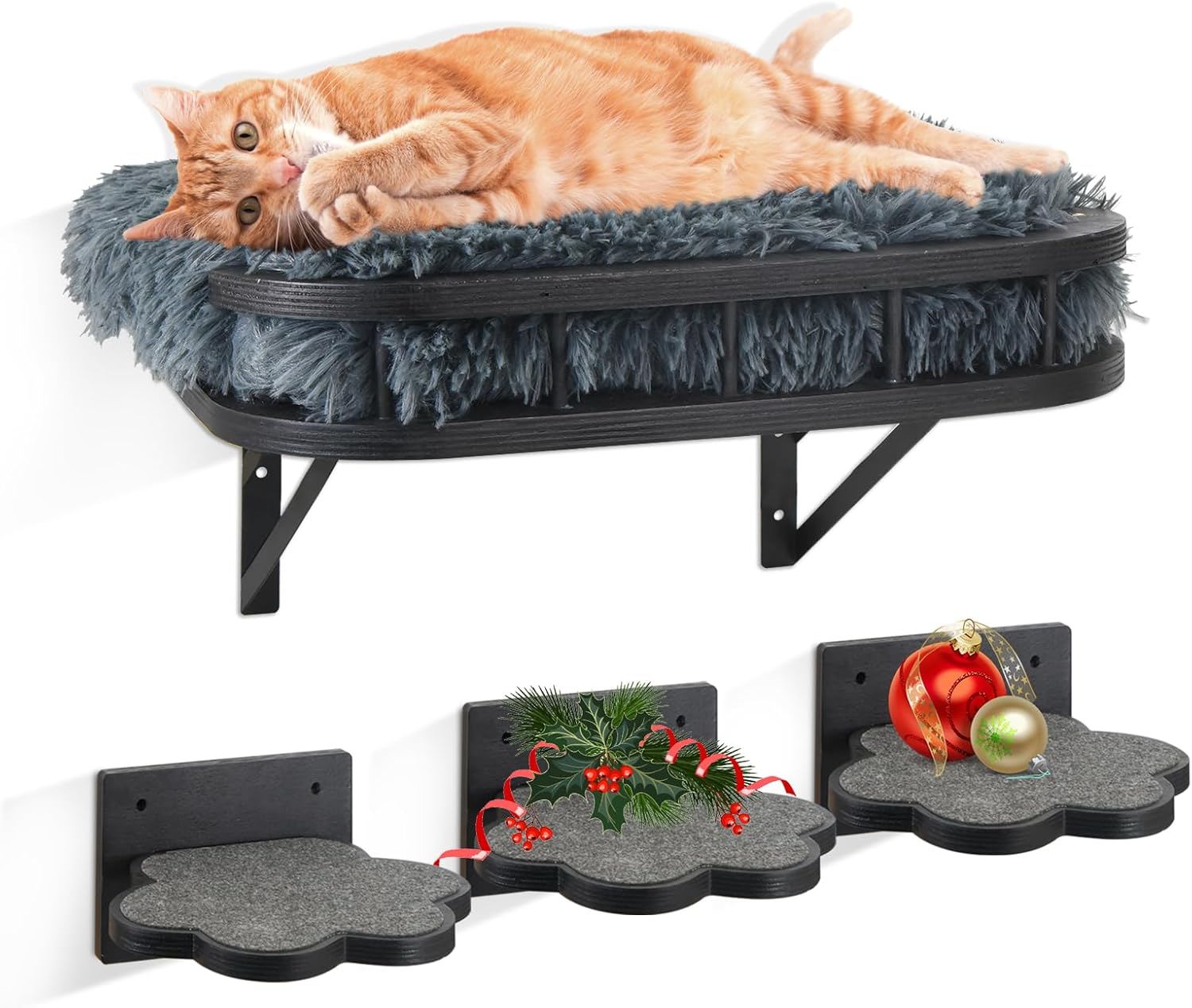 Cat Wall Furniture with Cooling Mat and Plush Cushion and 3 Steps, Kittens Wall Mounted Shelves and Perches, Cat Climbing Shelf Scratching Post for Sleeping, Playing