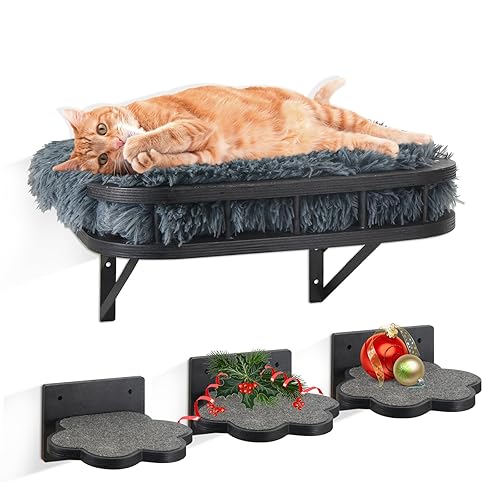 Purrfect Wall-Mounted Cat Hammock with Cooling Mat, Plush Cushion, 3 Steps, Shelves, Perches, Scratching Post - Ideal for Sleeping, Playing, Gifting - Black,1 Wool Mat Cat Shelf+3 Steps