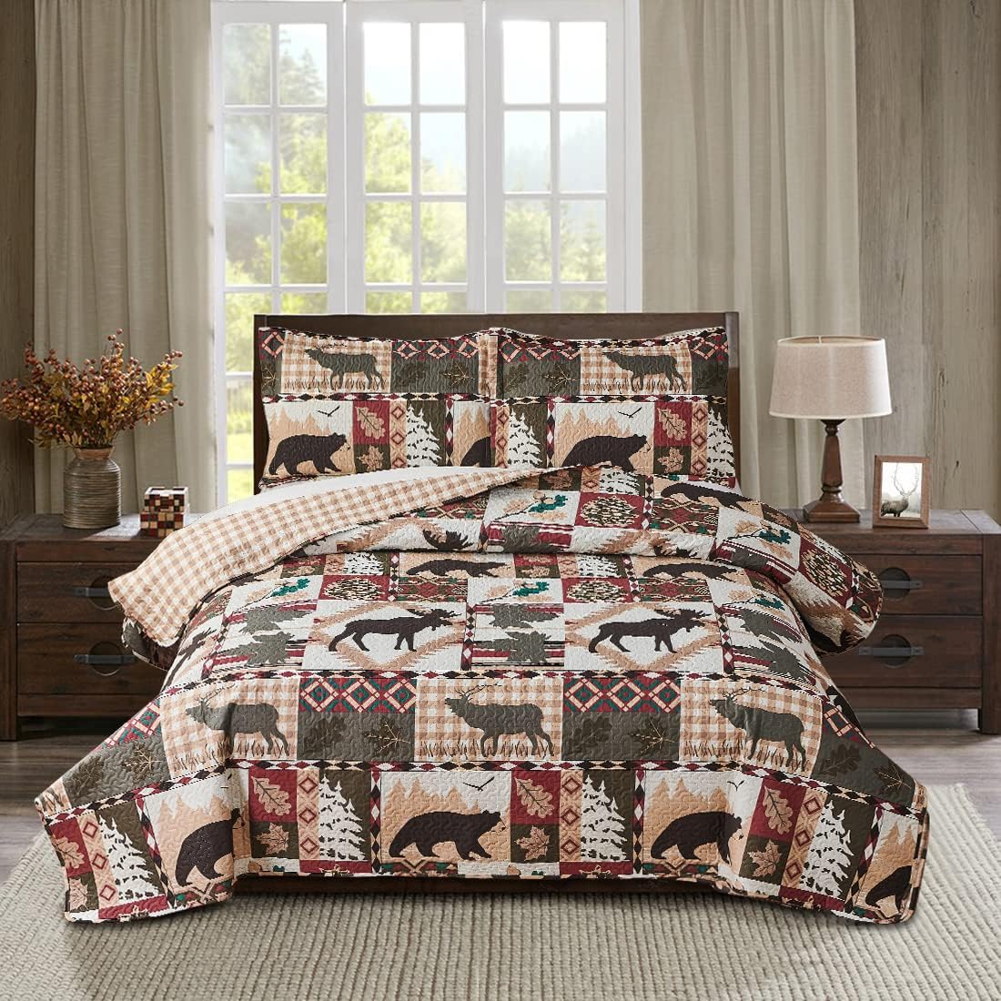 Rustic Lodge Quilt Set King Size Country Cabin Bedspread Coverlet King Moose Bear Reversible Patchwork Quilts Bedding Soft Lightweight Coverlets Forest Bear Farmhouse Bed Cover Sets with 2 Pillow Sham