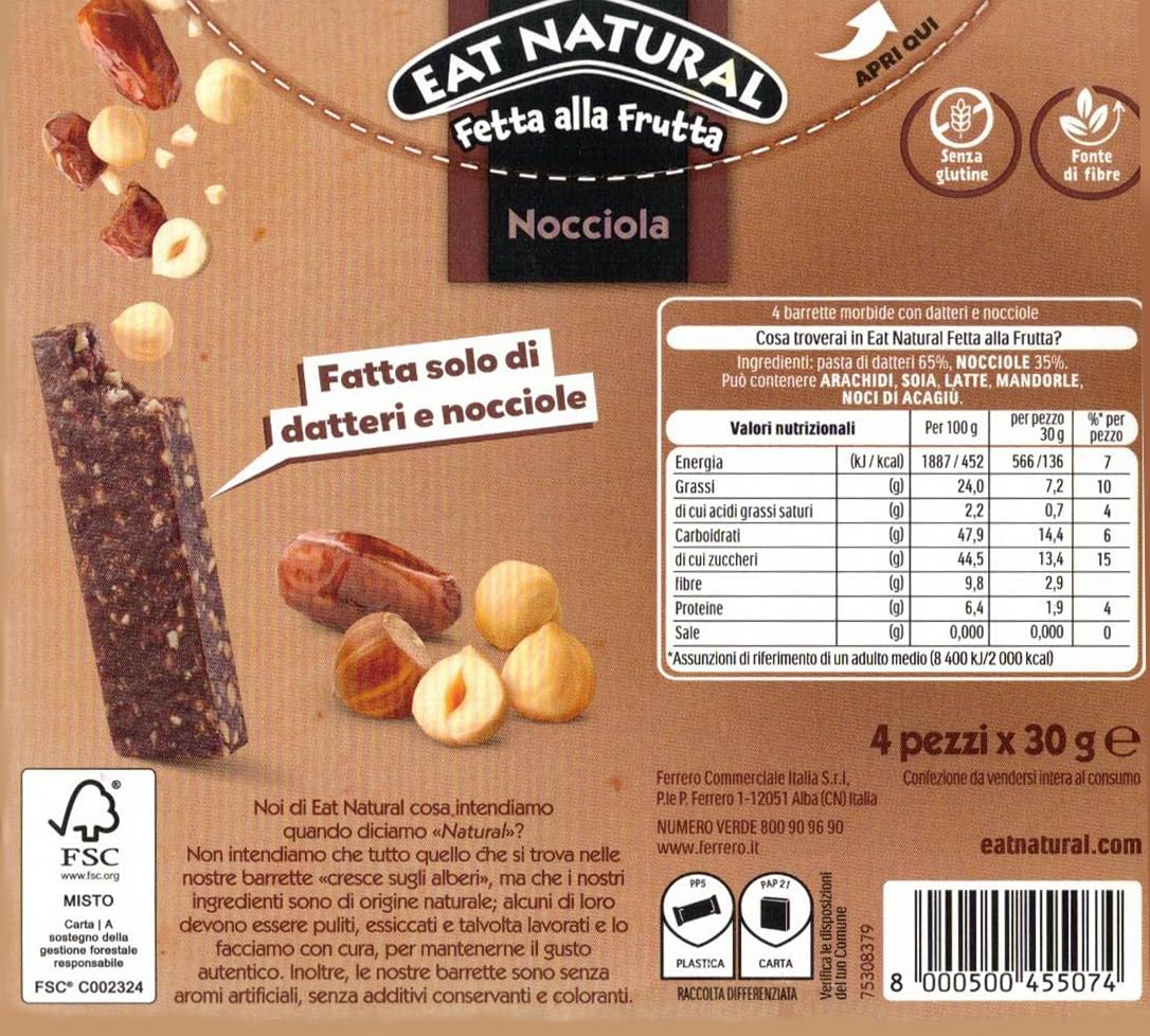 4X Eat Natural Fetta alla Frutta Nocciola Barretta con Datteri e Nocciole Senza Glutine (Gluten Free) 120g