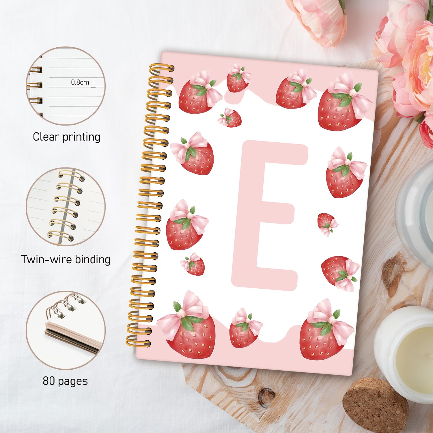 Diario con lettera E iniziale fragola, quaderni carini per donne, diario a spirale rosa per ragazze adolescenti, diari personalizzati per donne, grazioso taccuino a spirale con copertina