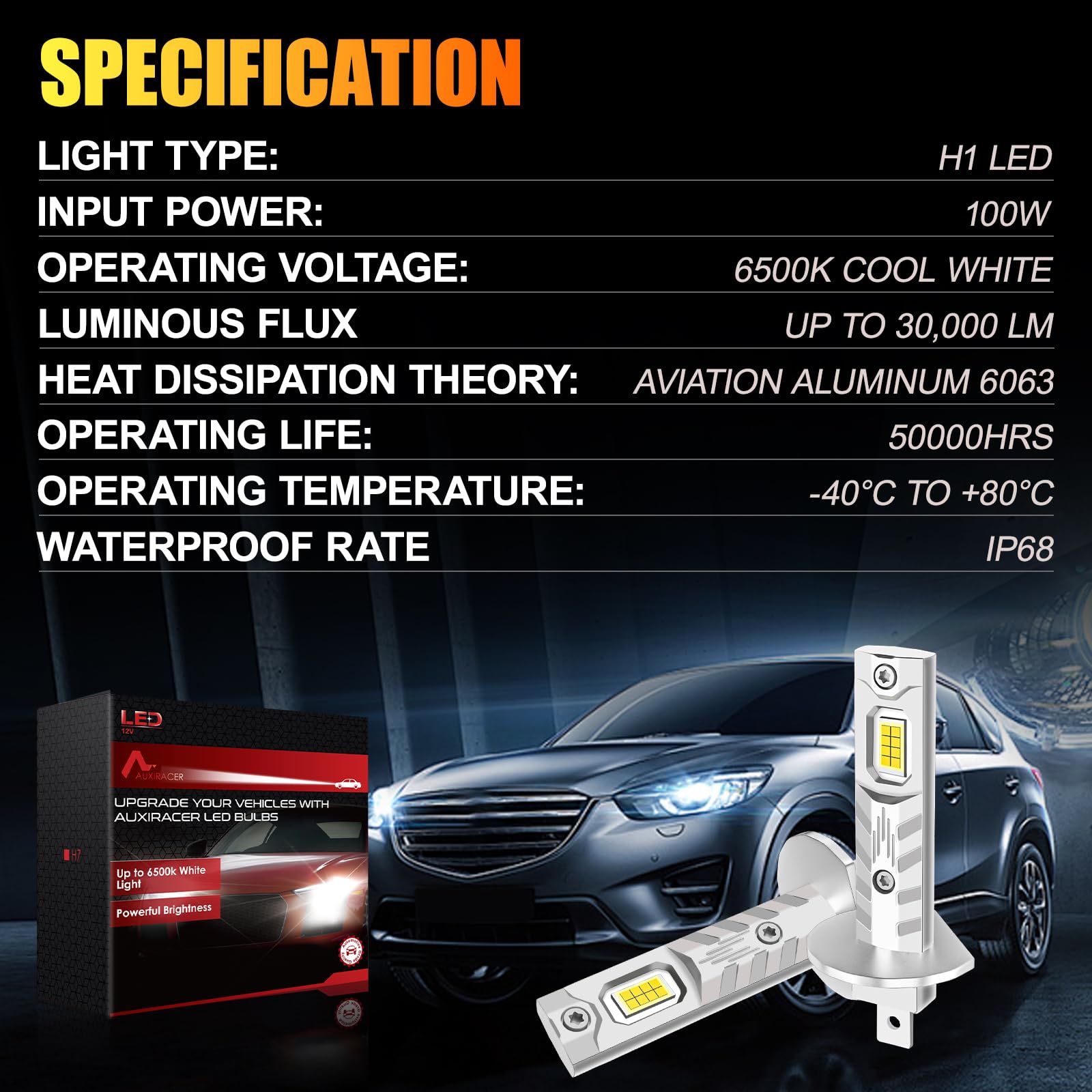 AUXIRACER Ampoule H1 LED, 30000LM 6500K Blanc Froid, H1 LED de Phares Voiture Automobile 500% Luminosité, 1:1 Mini Taille, Plug and Play, 2 pièces
