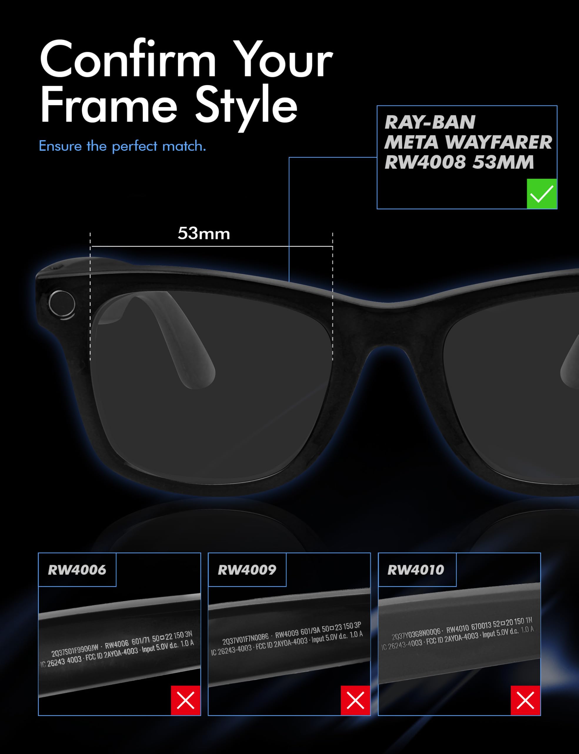 Saucer Lenti di ricambio premium compatibili con Ray-Ban Meta Wayfarer RW4008 occhiali da sole intelligenti da 53 mm