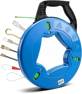 4.5mm 196FT Fiberglass Fish Tape Wire Puller, Heavy Duty PET Electrical Cable Running Rod with 7 Replaceable Leader Tips & Steel Reel Stand, Professional Wire Fishing Tool for Conduit, LAN, Wiring