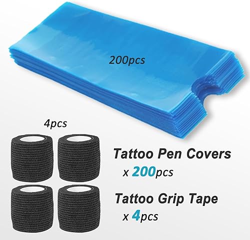 Miniatura 2 de Yugui 200 bolsas para bolígrafos para máquina de tatuaje y 4 envolturas de cinta de agarre, fundas de plástico azul con vendajes autoadhesivos