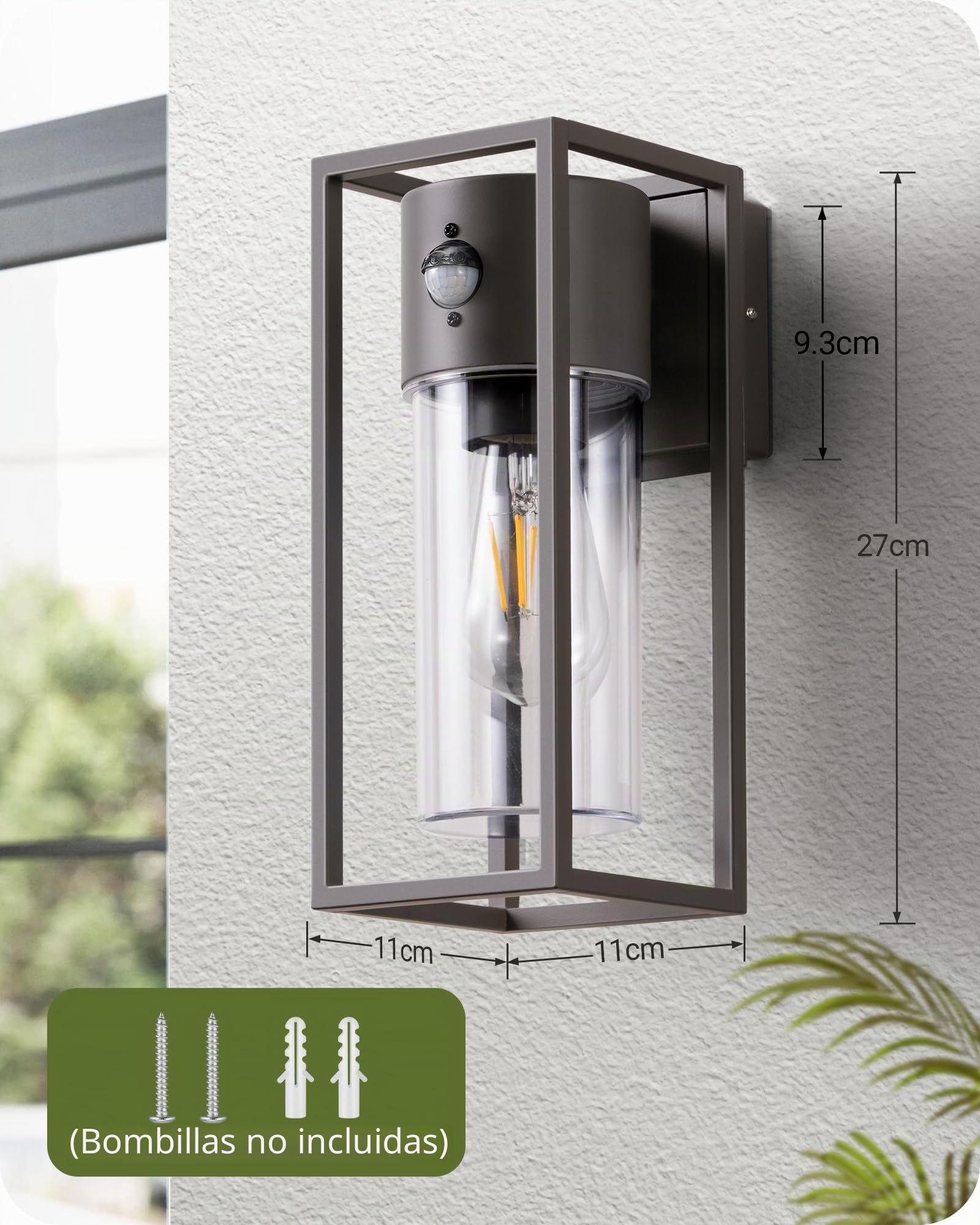 EDISHINE Aplique Pared Exterior E27, Sensor de Movimiento, IP44, Antracita | Carcasa de Aluminio con Sensor Crepuscular, Sin Bombilla, Impermeable para Jardín, Fachada y Puerta de Entrada