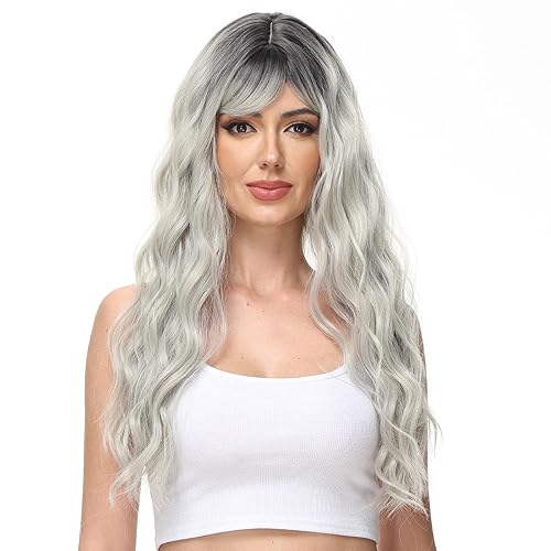 Miniatura 25 de Rose bud Long Curly Wavy Haze Green Wig with Fringe Adjustable 24 Inch Synthetic Cosplay Daily Hair Wigs for Women