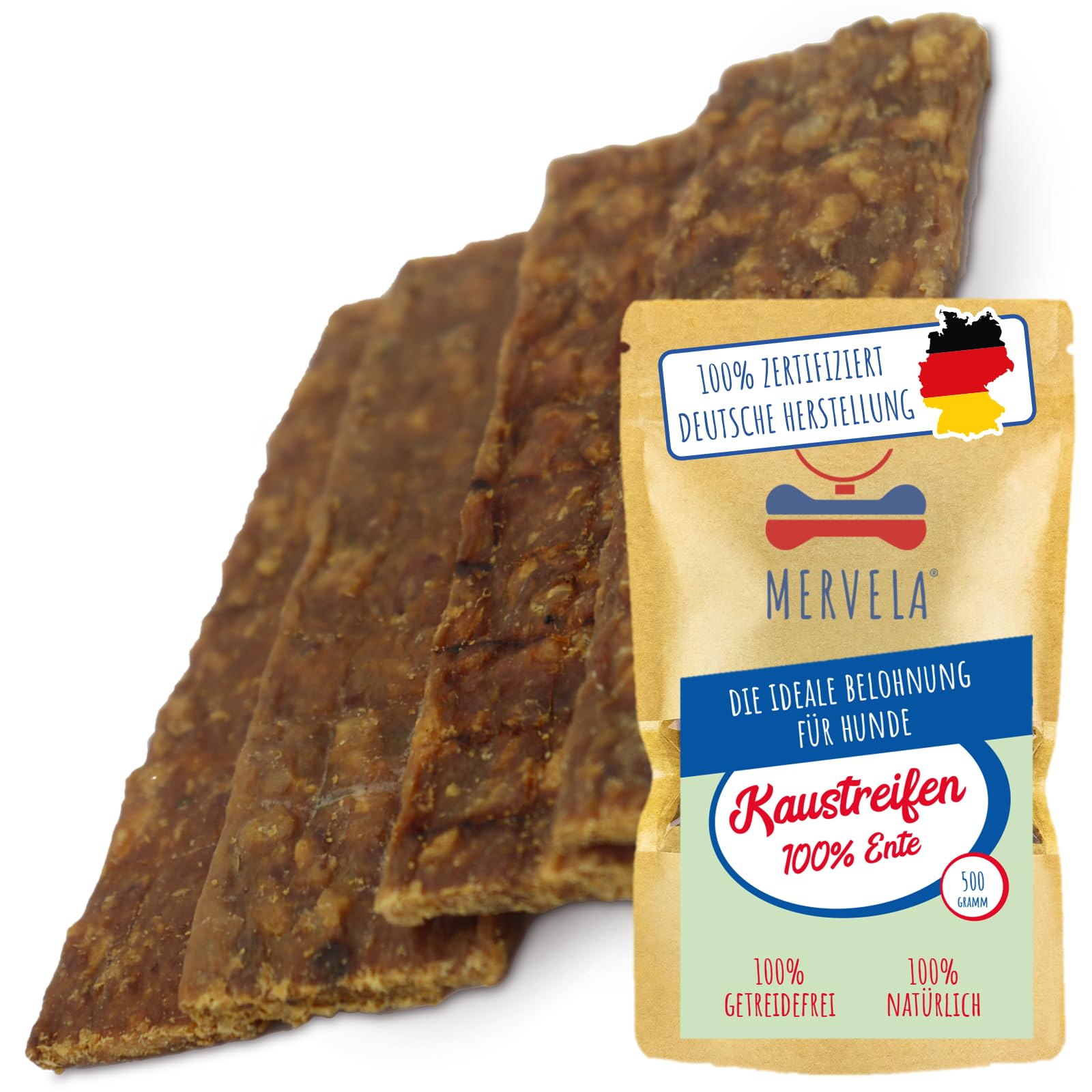 MERVELA® Ente Fleischstreifen, 500 Gramm [Qualität aus Deutschland] für Allergiker Sensitive Hunde, Belohnung, Trainingssnack, getreidefrei, Hundesnack, hypoallergen, Hunde Leckerli, Kausnack, Protein