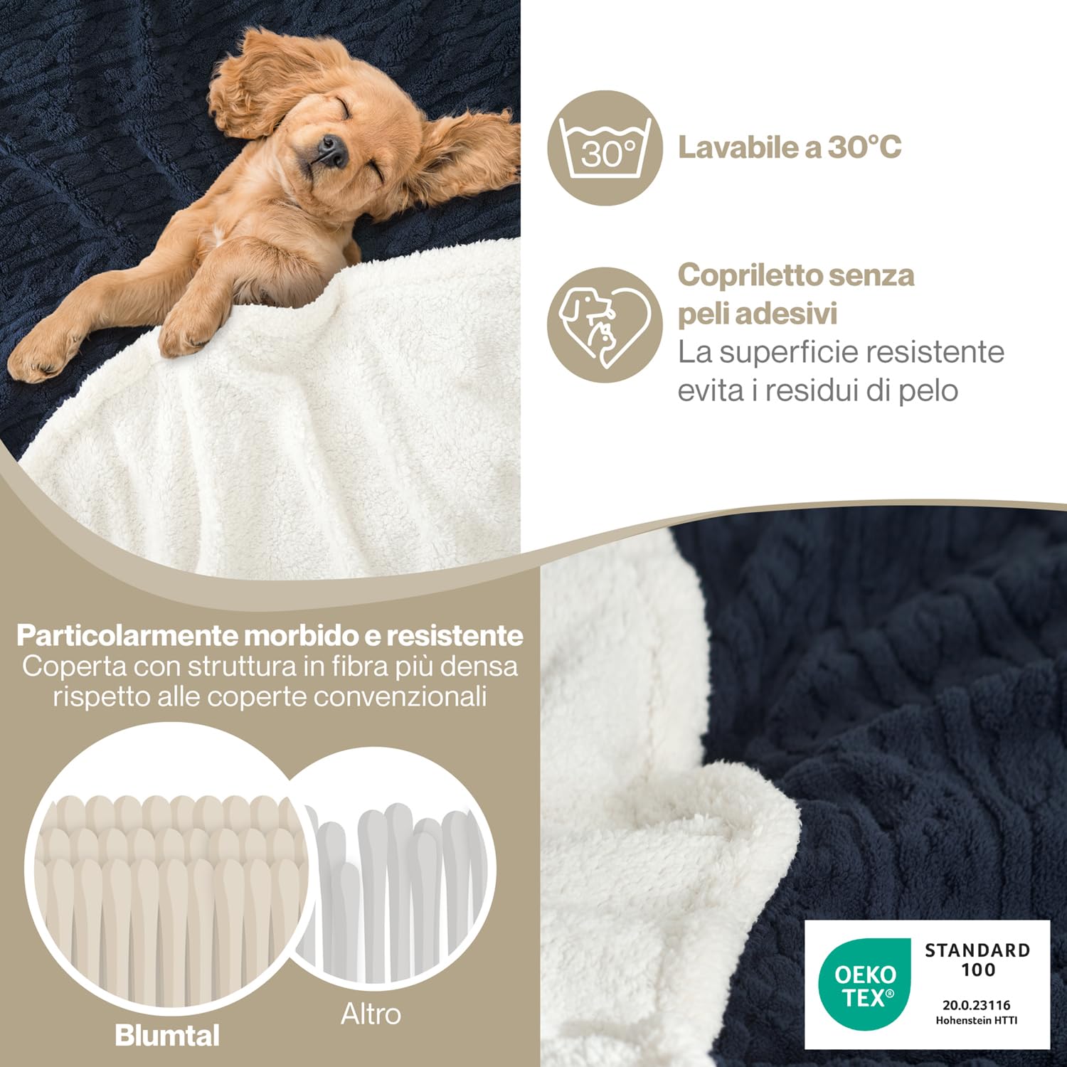 Blumtal Coperta Pile 230x270 cm Con Disegno a Treccia - Plaid Divano Invernale Matrimoniale Con Certificato OEKO-TEX - Caldo e Morbido - Blu Navy/Bianco