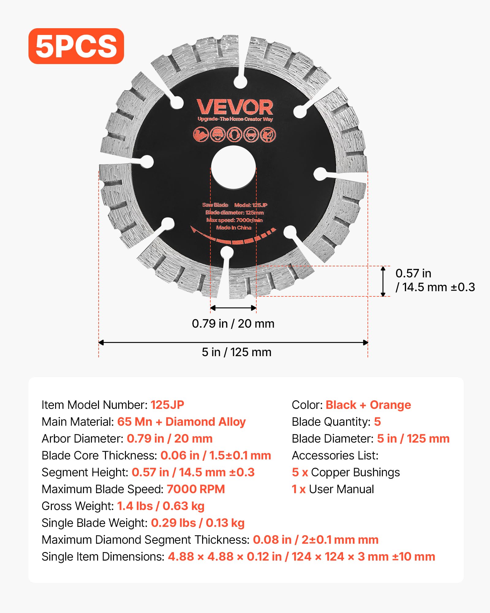 VEVOR Dischi Diamantati da 125 mm, 5 Pezzi, Lame per Scanalatrice con Foro da 20 mm, Segmenti Diamantati ad Alta Durezza, Anima in Acciaio 65Mn, Taglio a Secco e a Umido, per Calcestruzzo e Cemento