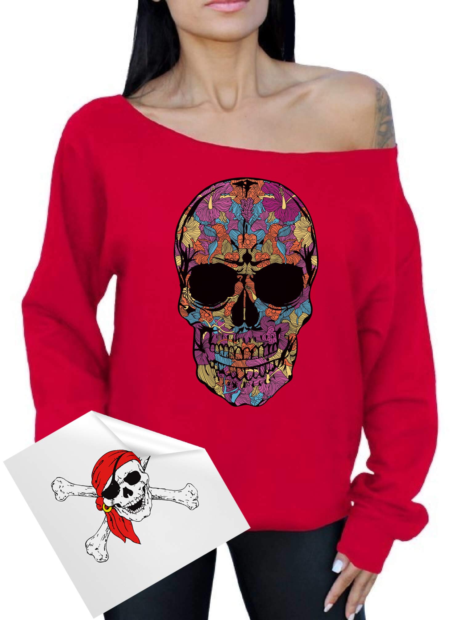Awkward Styles Black Flower Sugar Skull Day of Dead Off Shoulder Sweatshirt