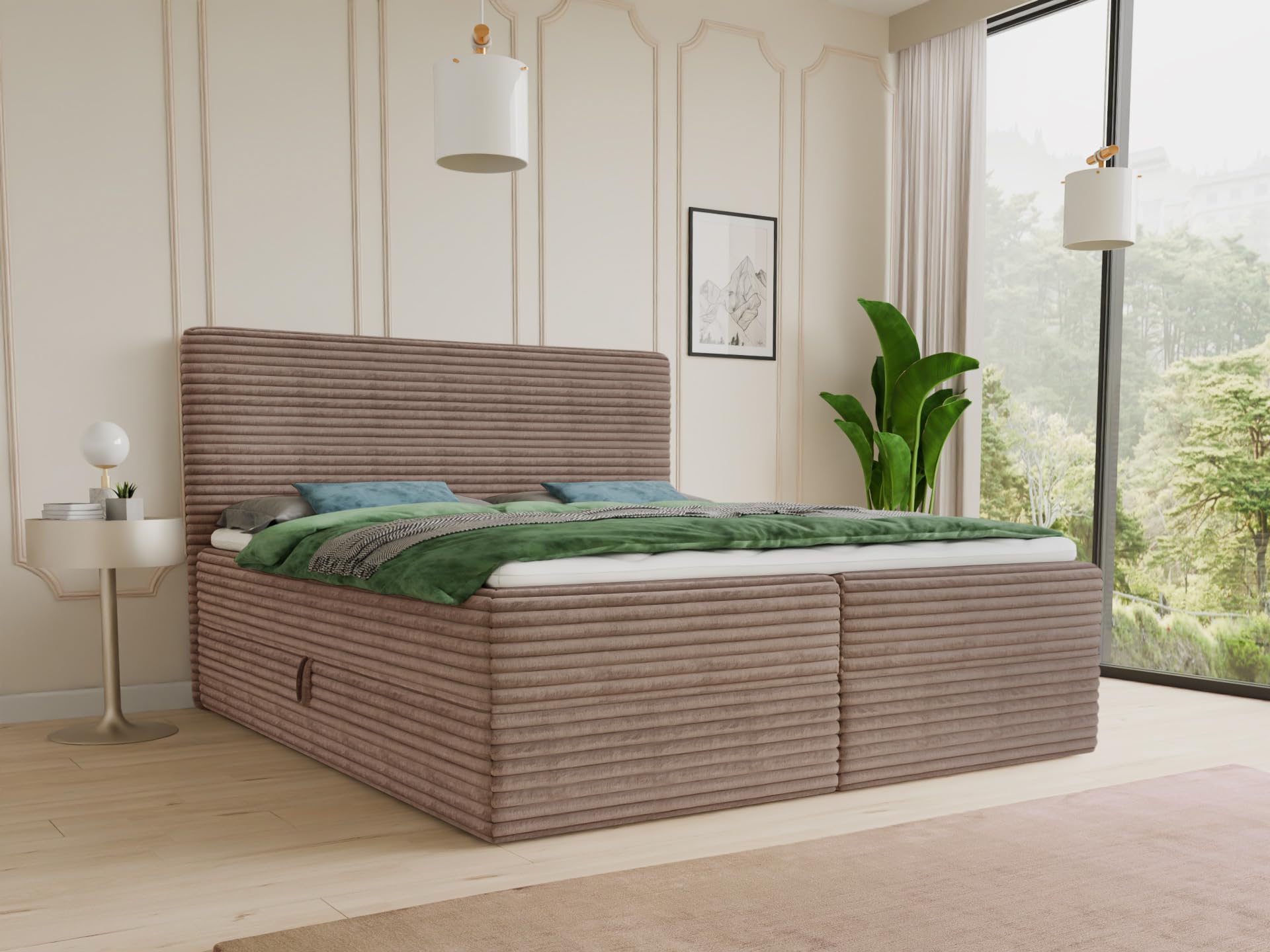 Sofnet Boxspringbett Mollo mit 2 Bettkästen, Doppelbett mit Bonell-Matratze und Topper, Polsterbett in weichem Cordstoff, Bett, Bettgestell für Schlafzimmer (Braun (Tilia 17), 180 x 200 cm)