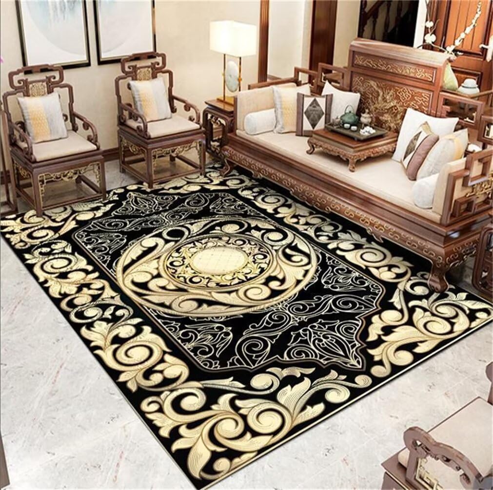 Tapis pas cher grand format 300x400cm noir jaune floral facile à entretenir