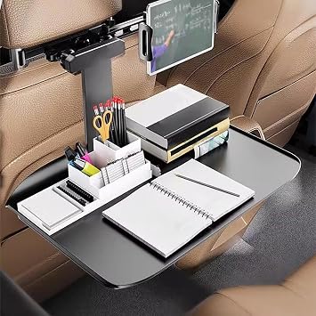 Car Seat Tray Table, Foldable Car Kids Passenger Roadtrip Eating Food Backseat Travel Trays, Adjustable Back Seat Headrest Tray with Phone/Tablet HolderBlack