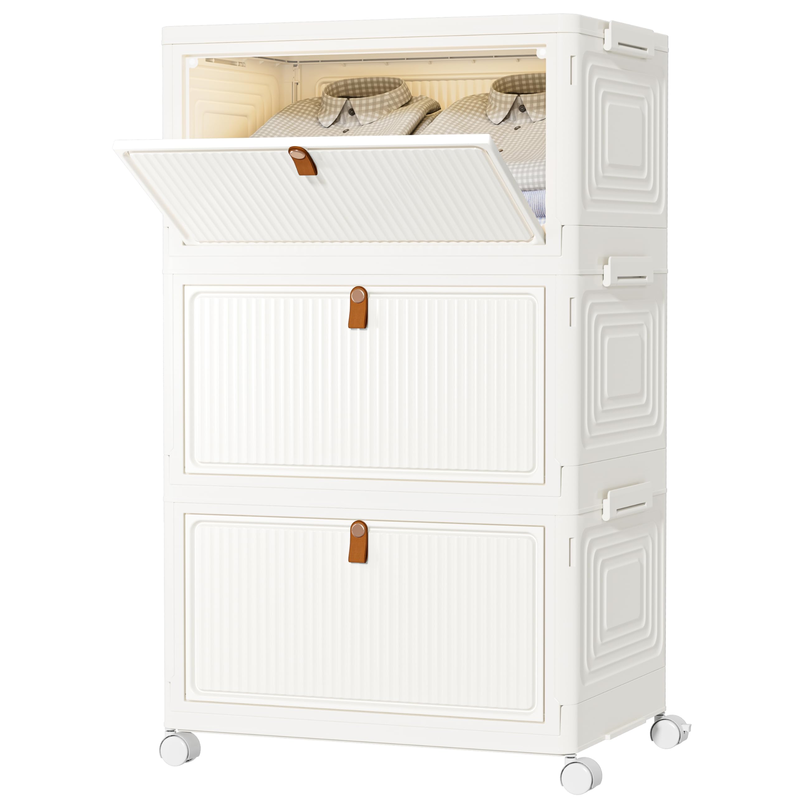 HOMIDEC Wardrobe Storage Organiser,3 Tier Stackable Clothes Storage Boxes with Wheels,Folding Drawers for Clothes,Cupboard Organiser for Bedroom Wardrobe Bathroom Kitchen,Milk-white 22L*3 Pack