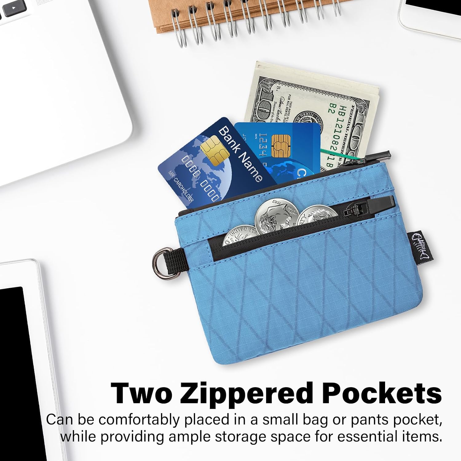 Small Wallet with 2 Invisible Zipper Pockets&Lanyard&Keychain Water Resistant ID Case Card Holder Coin Purse Badge Pouch for Boys Girls Women Men Travel Sports Outdoor - Bright Blue image 4