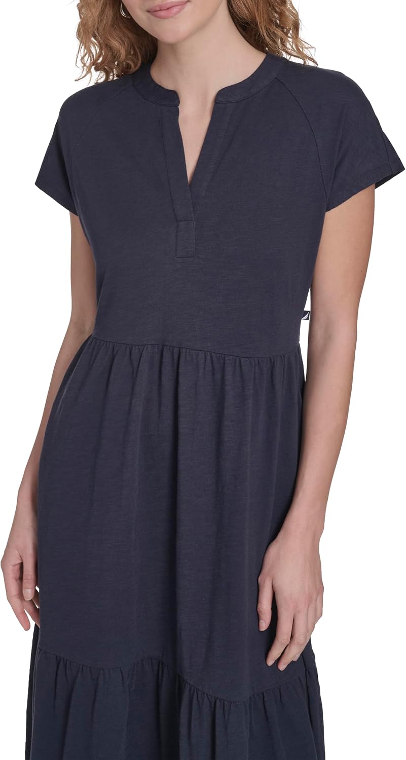 Nautica Women's Short Sleeve Midi Tiered Solid Dress