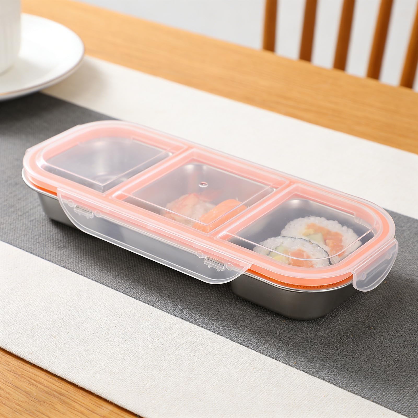 4 Stück Edelstahl Snackbehälter mit Deckel, 600ml, 3 Fächer | Auslaufsicher, Leicht zu Reinigen, für Sushi und Snacks, Schule, Reisen