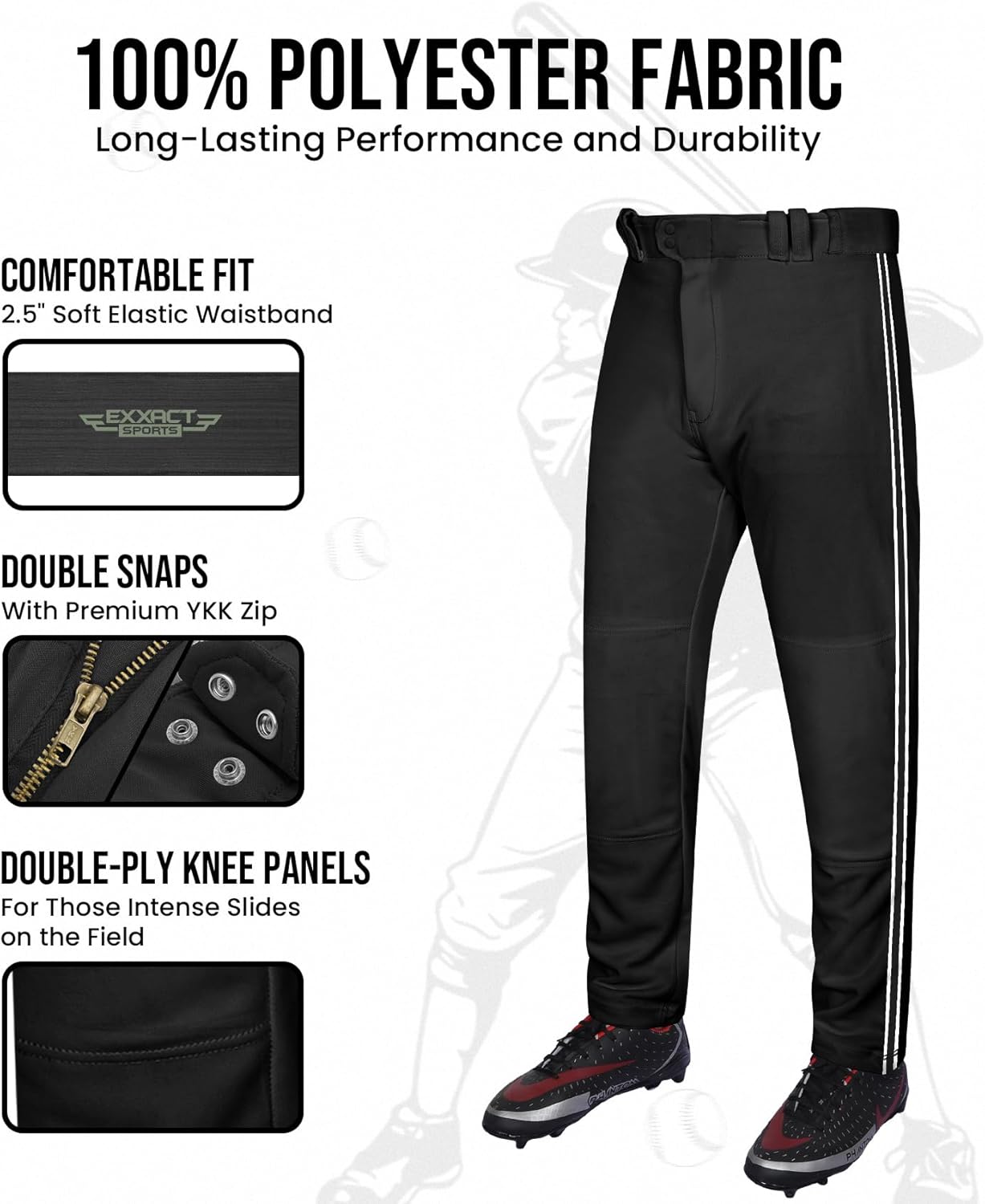 Exxact Sports Proline Full Length Baseball Pants Youth & Adult with Stripes, Relaxed Fit Open Bottom Men/Boys Baseball Pants - Image 2
