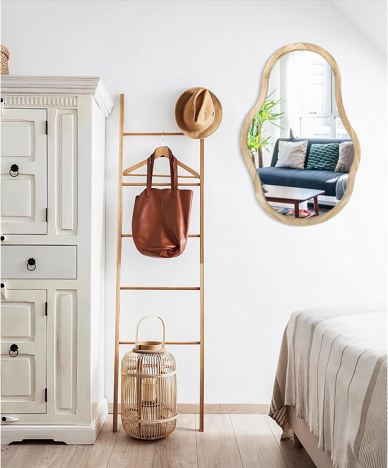 Asymmetrical Wooden Framed Wall Mirror Modern Unique Shape Hanging Mirror Artistic Irregular Mirror Decor Bathroom Vanity Bedroom Living Room Entryway Hallway Large Natural 26"x18"
