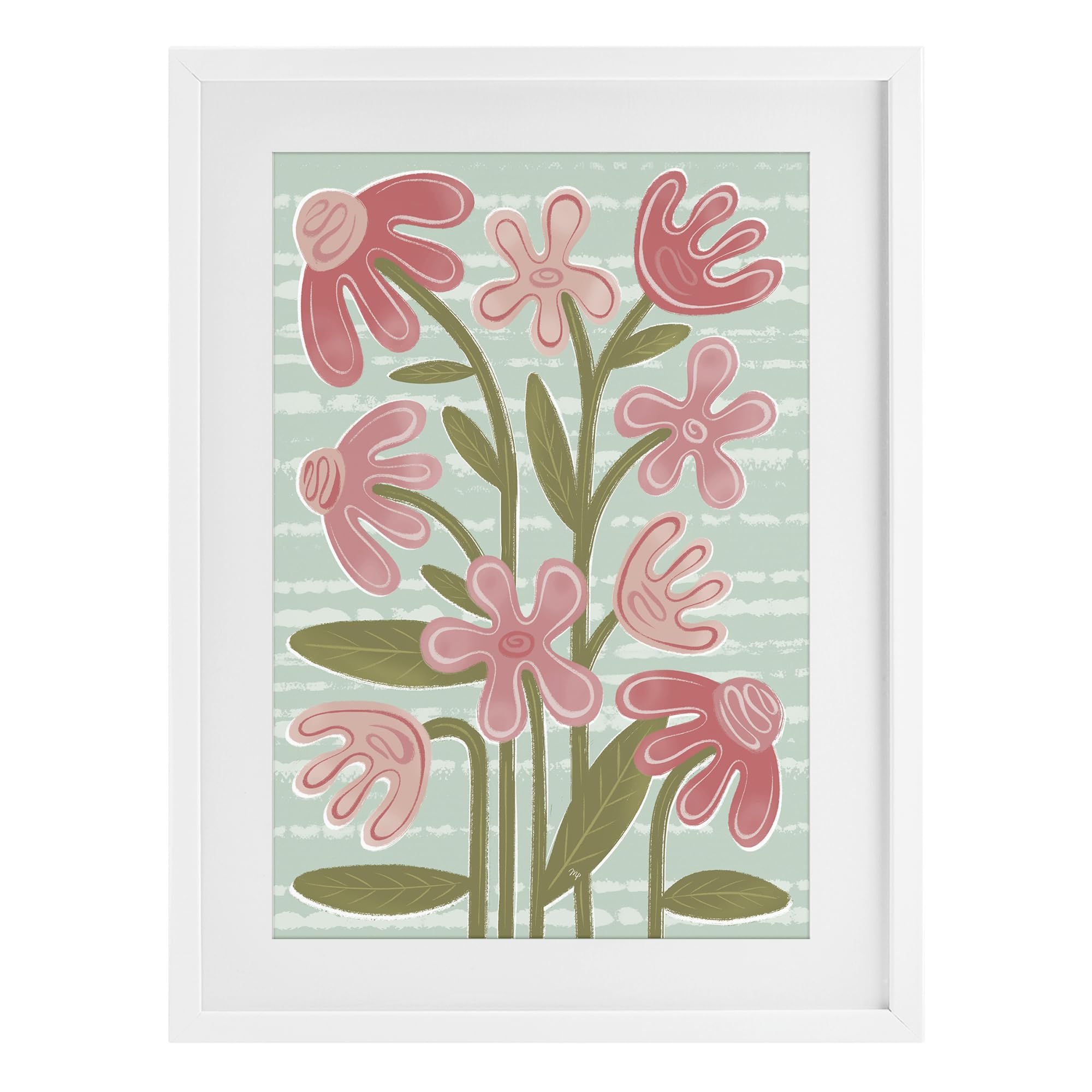 Stupell Industries Coastal White (Textured) 'Pink Whimsy Midcentury Flowers'| Framed Print Under Glass