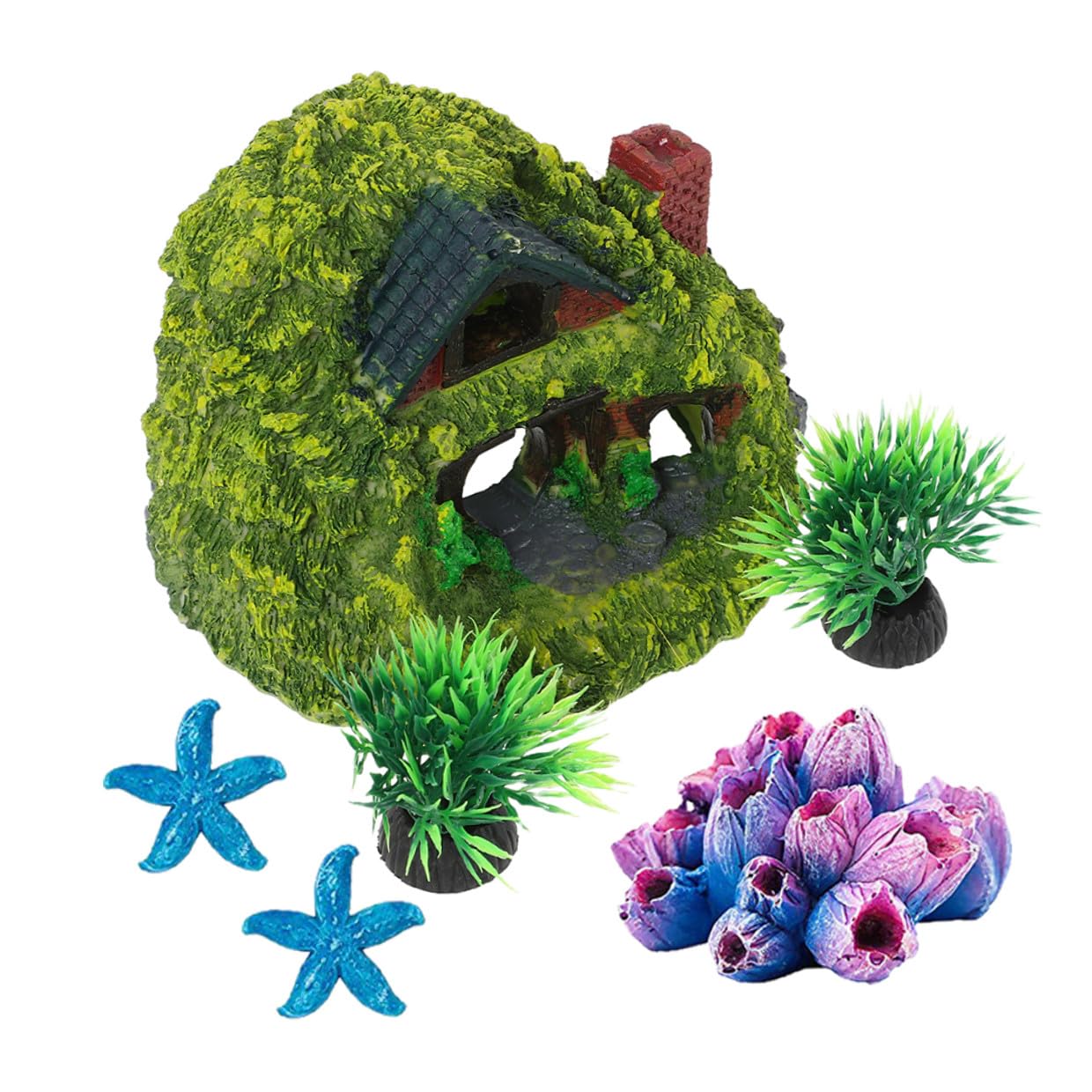 Milisten Aquarium Fish House and Shrimp Hideout Resin Hideaway Cave Coral Ornaments 6pcs Set Small Fish Tank Decoration