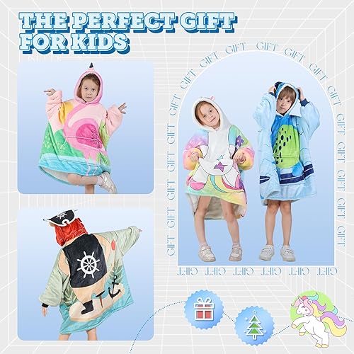Miniatura 5 de MIZZEO Manta con capucha para niños, manta Sherpa de gran tamaño con bolsillo para capucha y mangas para niños pequeños, lindas sudaderas con
