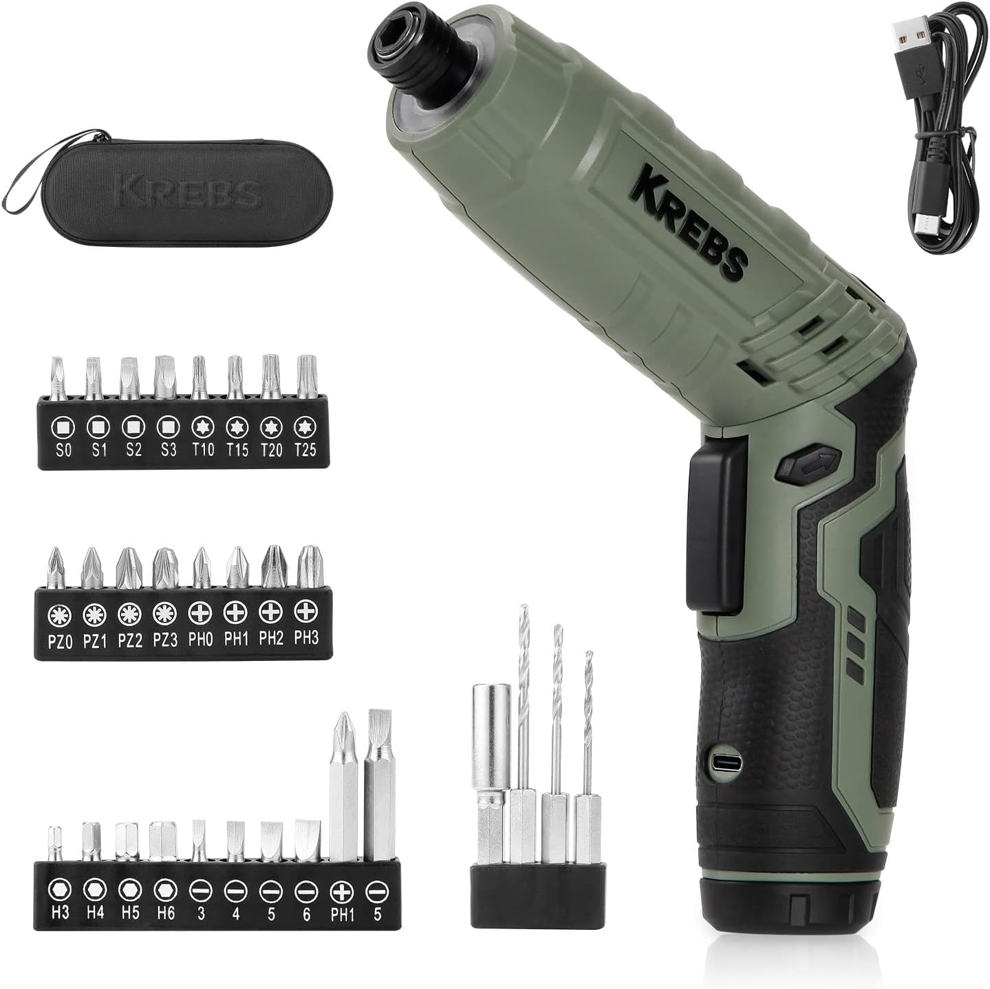 KREBS Power Electric Screwdriver, 4V Max 5Nm Cordless Screwdriver Rechargeable Set with 39pcs bits Accessories Kit, with LED Light Adjustable 2 Position Handles