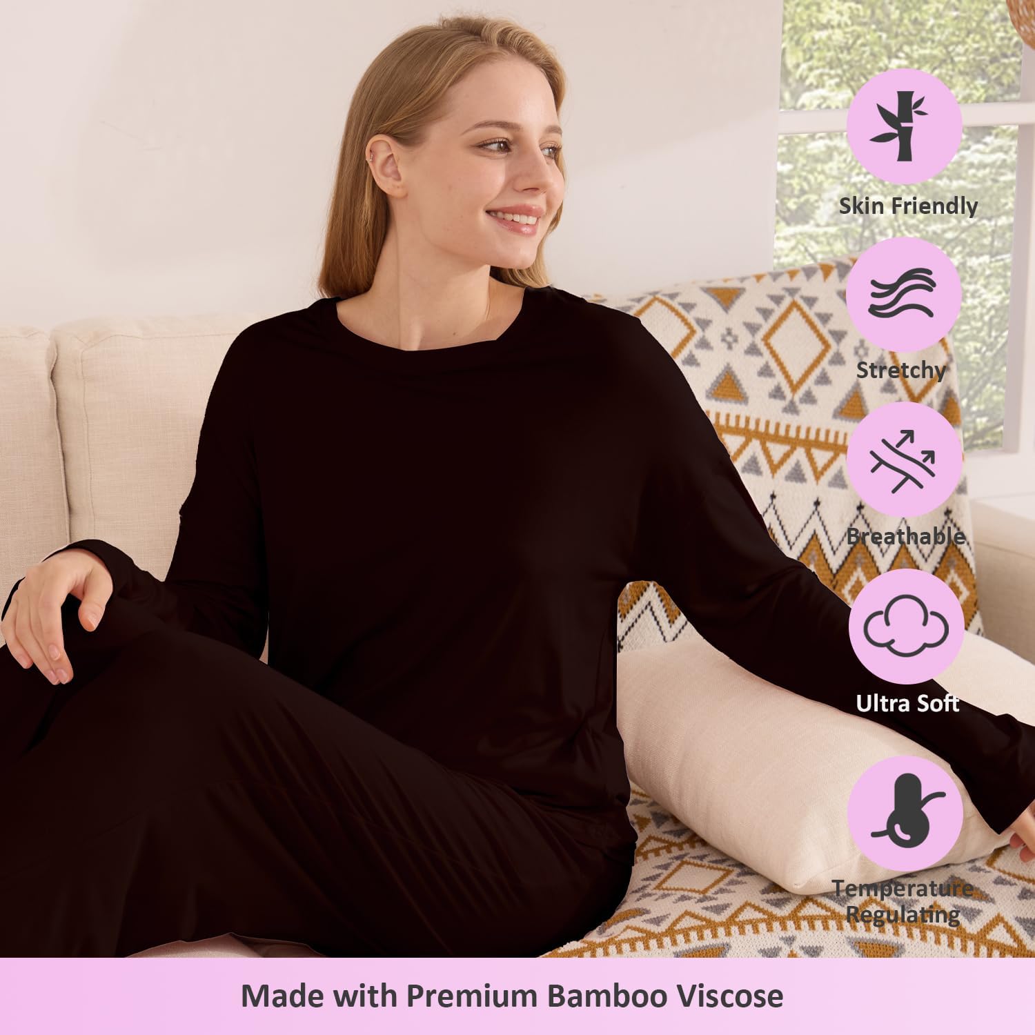 TOSMO Women Pajama Sets Viscose from Bamboo Long Sleeve Sleepwear Super-Soft Comfy Button Down Lounge Sleep Cooling Pjs - Image 4