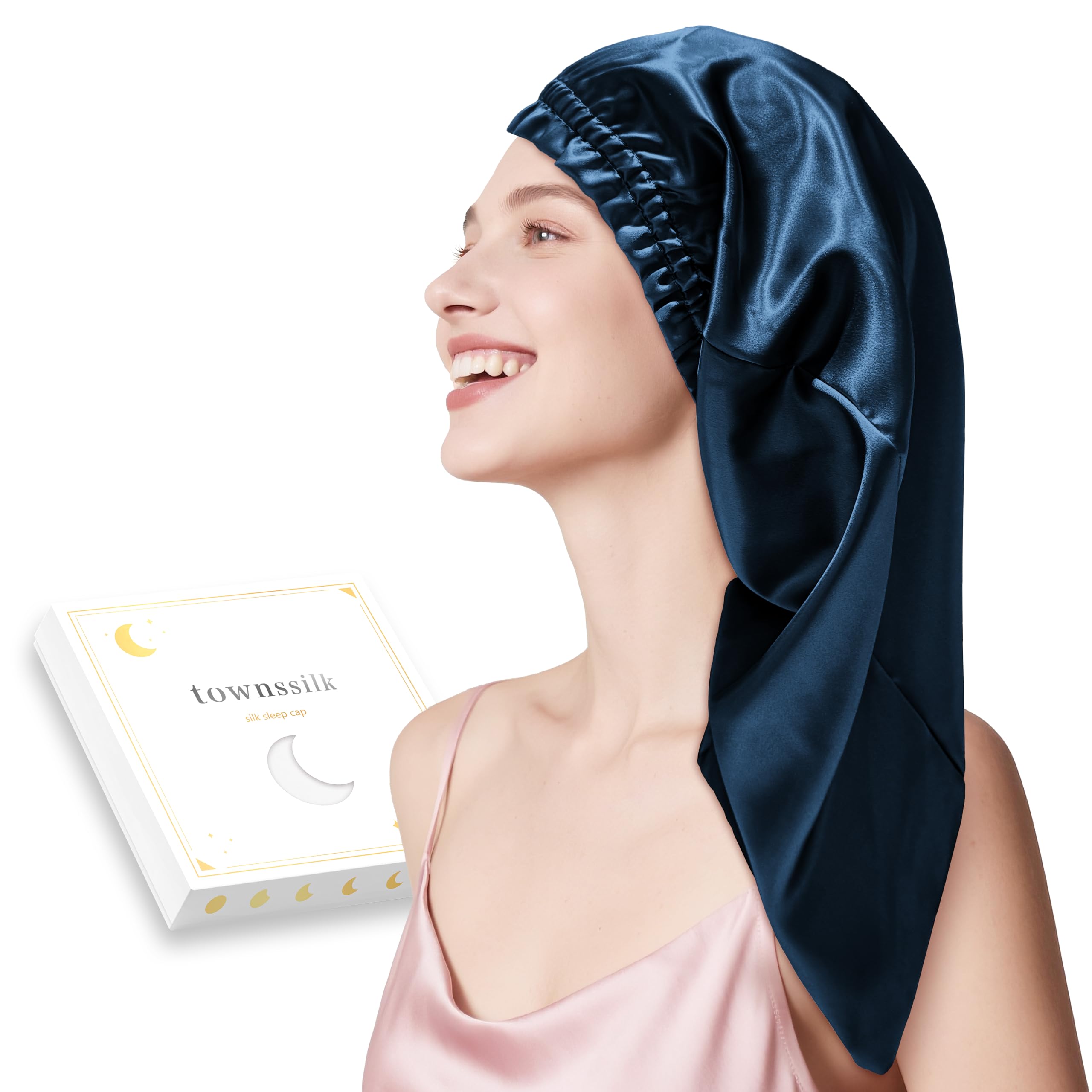 townssilk Seidenhaube zum Schlafen, 100% 22 Momme Maulbeerseide, für Damen, luxuriös, atmungsaktiv, sitzt sicher über Nacht & druckfrei, ideal für lange & lockige Haare – NavyBlue 80cm
