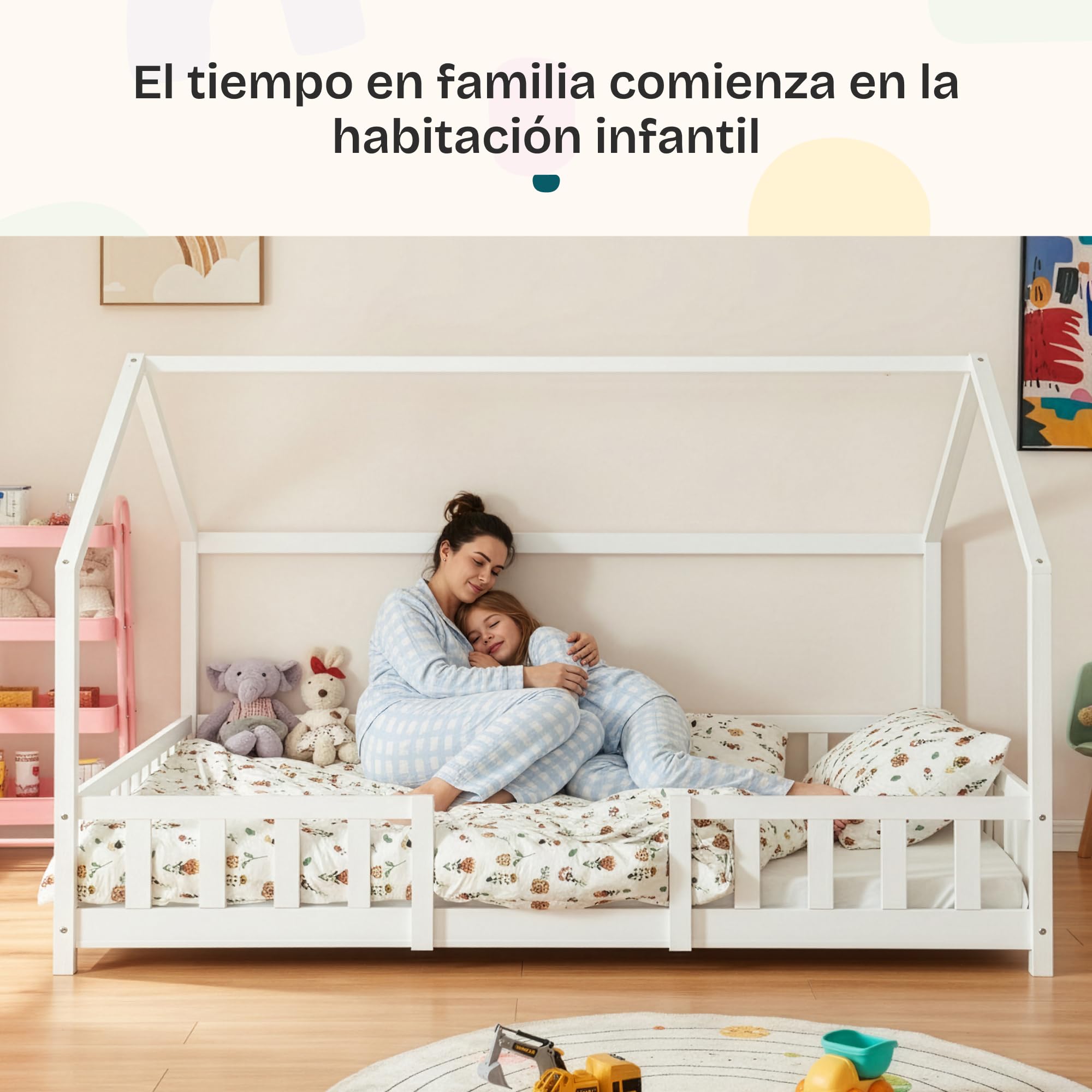 [en.casa] Cama para Niños Sisimiut de Madera Pino 120 x 200 cm Cama Infantil con Reja Protectora y Somier Forma de Casa Casita - Blanco