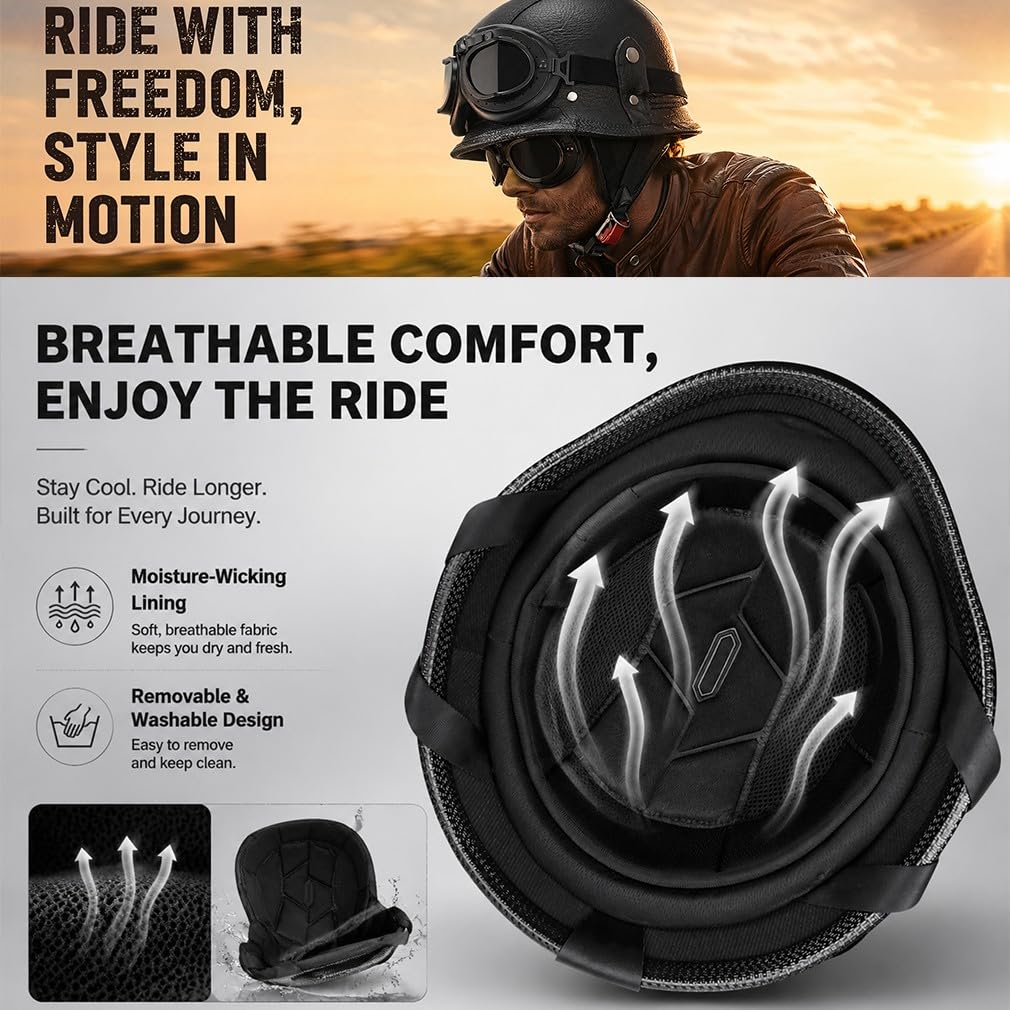 Deutscher Retro Halbschalenhelm Halbhelm,ECE 22.06geprüft,Leichte ABS-Schale in PU-Lederoptik mit Fahrerbrille und Gesichtsmaske,Unisex für Stadt Pendler und Cruiser,M-2XL(57-64cm)