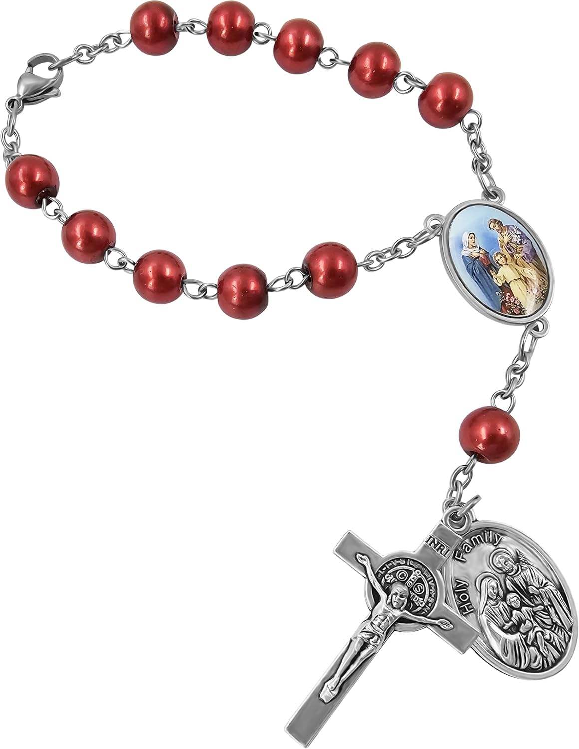 TALISMAN4U Saint Benedict Rosary for Car Rearview Mirror Holy Family Medal | One Decade, 8mm Glass Prayer Beads, Catholic Evil Protection Bracelet for Women Men