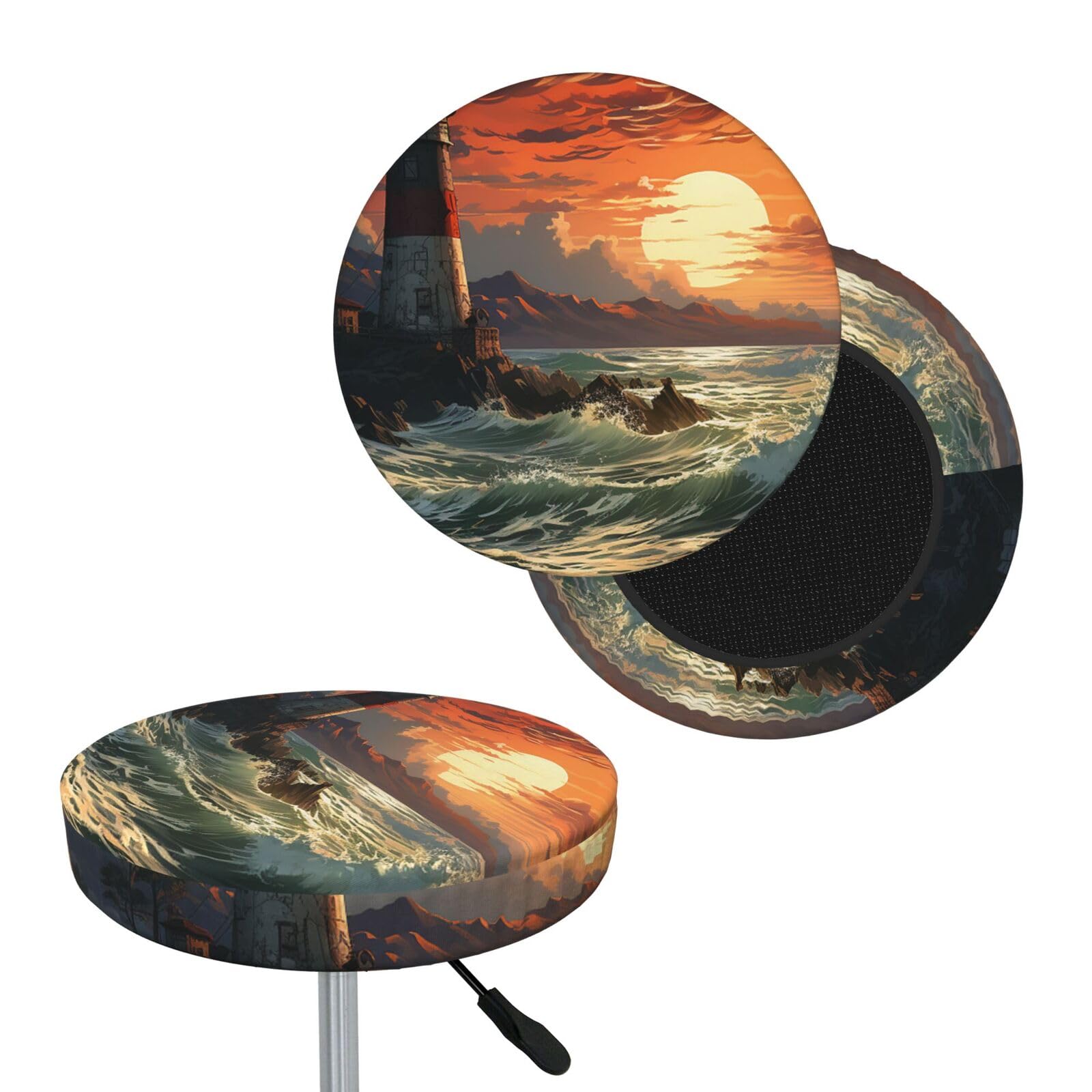 FekiLoot Lighthouse Round Bar Stool Covers Stretch Washable Bar Stool Covers Dustproof Slipcover Bar Chair Covers with Elastic Band for Bar Kitchen Living Room Decor 12 Inch