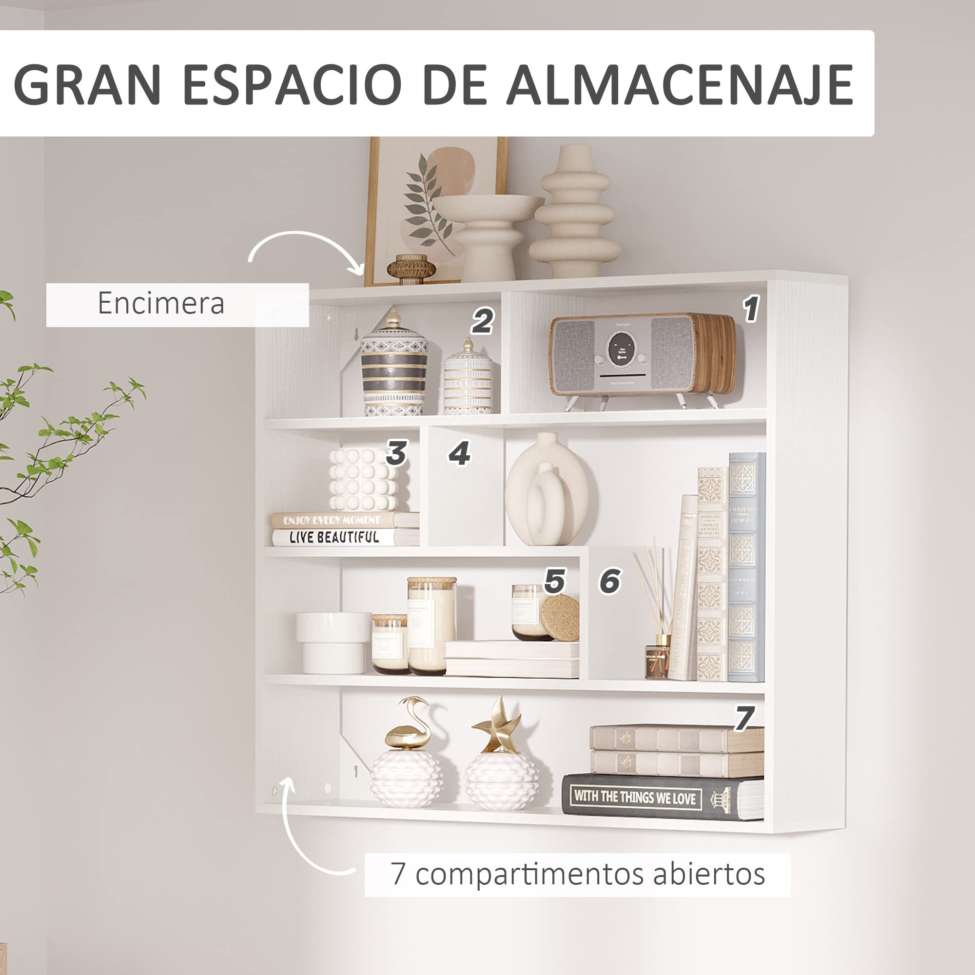 HOMCOM Estantería de Pared 4 Niveles Balda Flotante 94x19,5x80 cm Blanco | 7 Compartimientos Abiertos, para Salón Dormitorio Oficina, Estilo Moderno