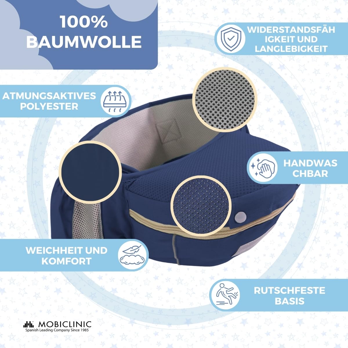 Mobiclinic® kids, Babytrage, 6 in 1, Moley, Mehrpositionale, Faltbar, Reißverschlusstasche, Flaschenhalter, Weiches premium-baumwolle, 0-36 monate, Für neugeborene und kinder (marineblau)