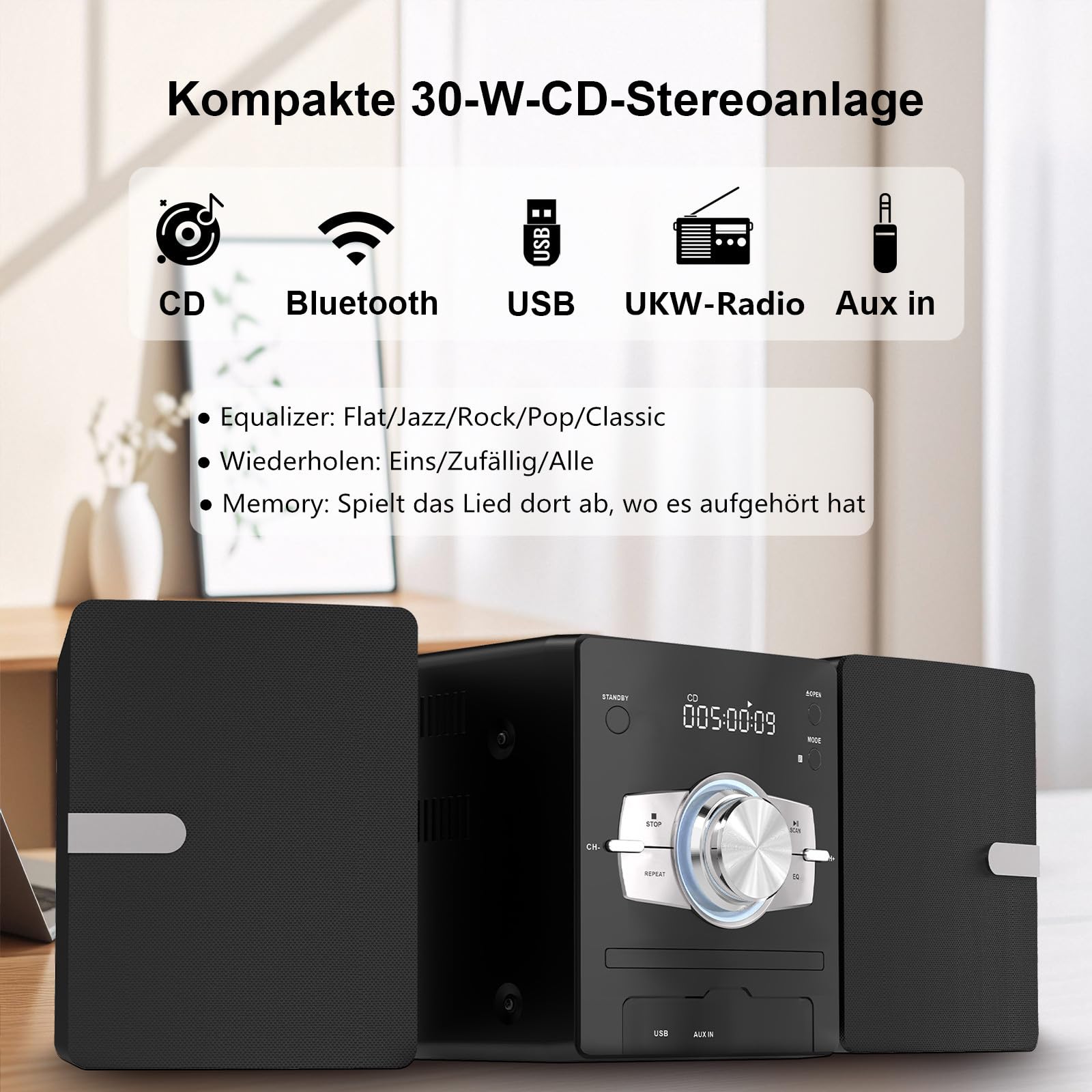 Mini Component Stereo CD 30W RMS Lettore CD FM Bluetooth USB AUX Telecomando
