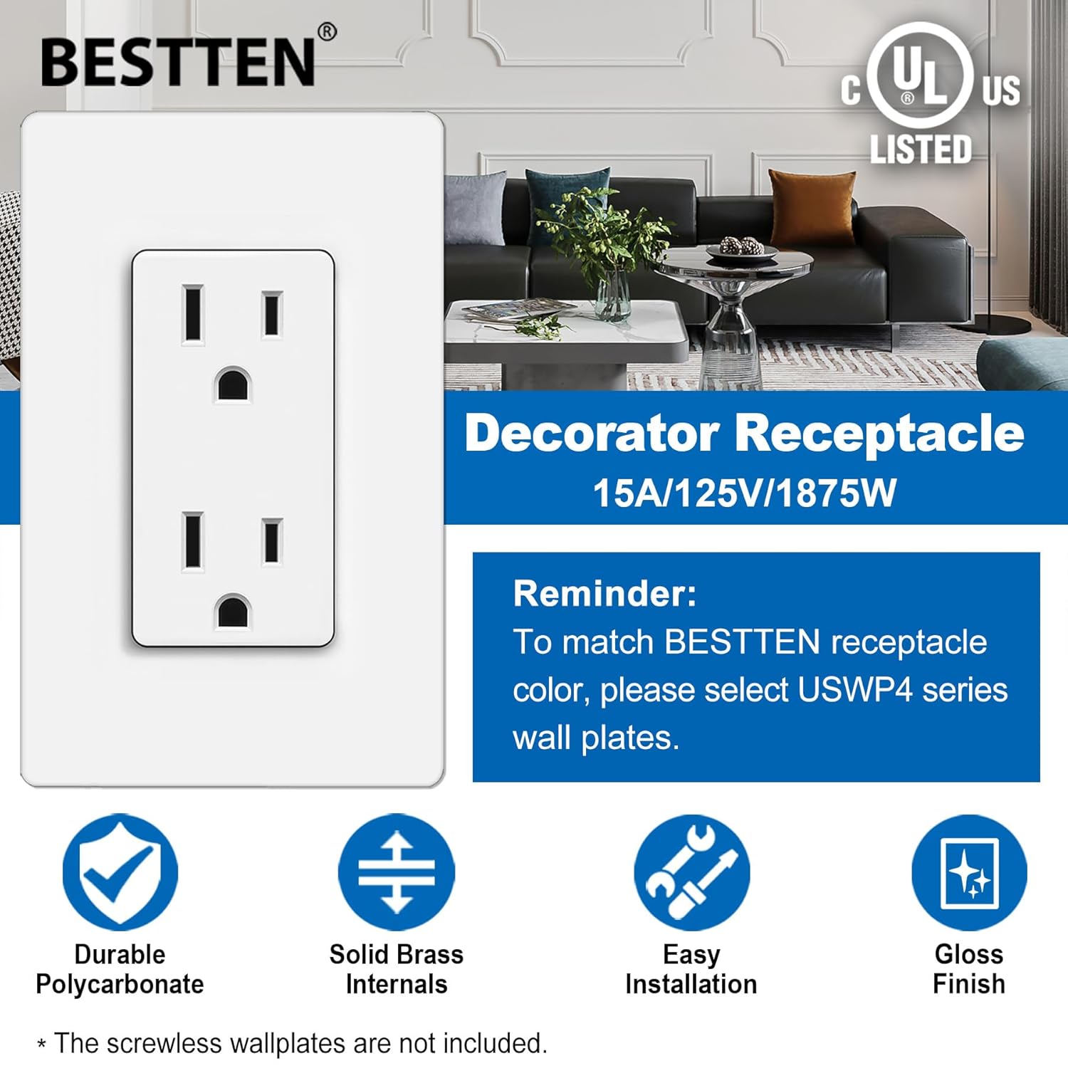 BESTTEN 20 Pack 15 Amp Decor Electrical Wall Outlet Receptacle, Non-Tamper-Resistant, 15A/125V/1875W, for Residential and Commercial Use, UL Listed, White