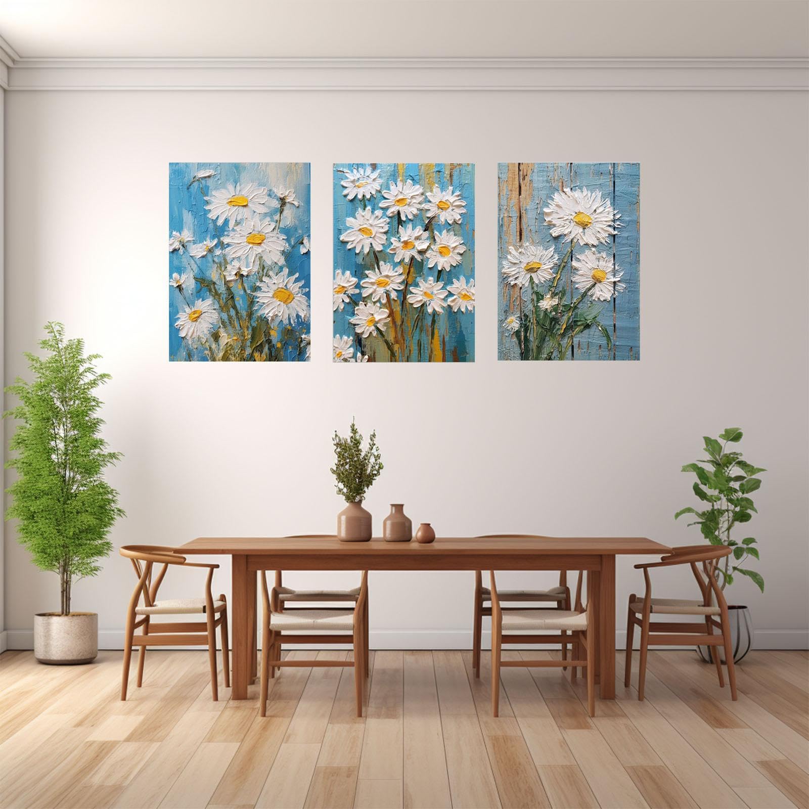 JOSUE Set de 3 Bohemia Cuadros Y LáMinas Lienzo,flores abstractas Blanco amarillo Cuadro Cartel Sala De Estar Cuarto De BañO Comedor-50x70cm Enmarcado