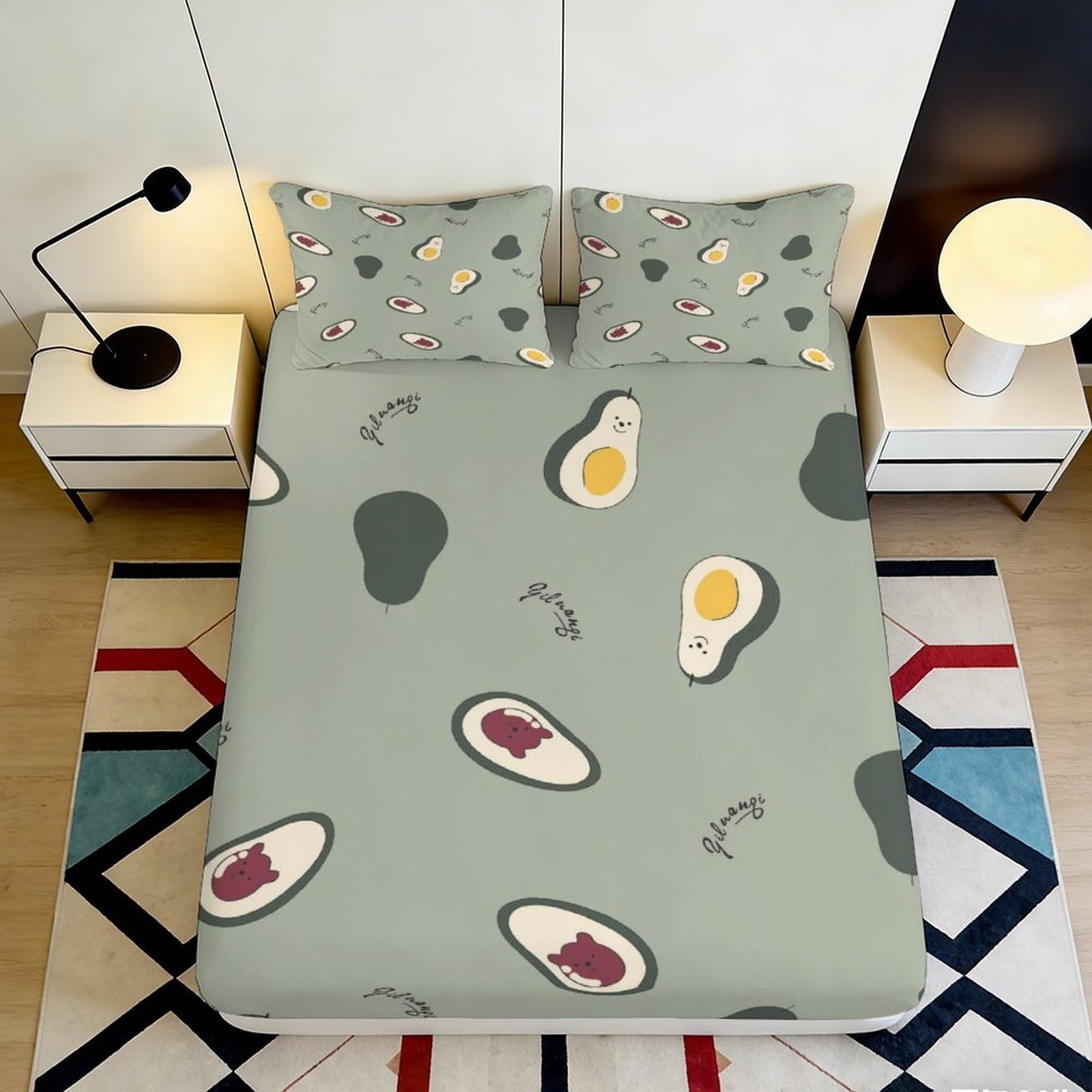 3D Printed Cute Avocado Fitted Sheet Microfiber Soft Anti-Slip Cartoon Fruit Mattress Cover for Bedroom Dorm Use 160x200x25cm