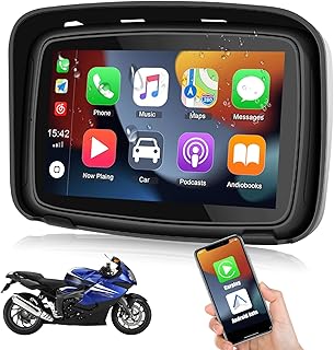 Portable Wireless Apple Carplay Android Auto for Motorcycle, 5" IPS Touch Screen Portable Motorcycle Navigator IPX7 Waterproof, Dual Bluetooth, GPS Navigation for Most Motorbike, Siri/Google