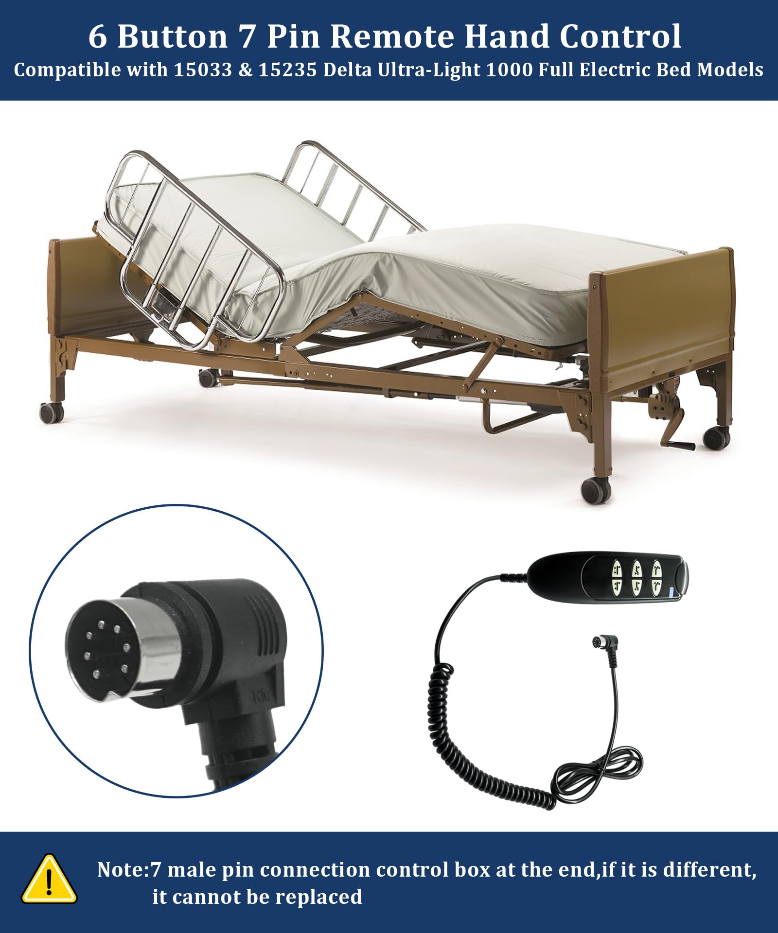 Mando a distancia de 6 botones y 7 pines 15033HC-G | Compatible con modelos de cama de hospital eléctrica Drive Medical Delta Ultra-Light 1000 Full-15033 y 15235