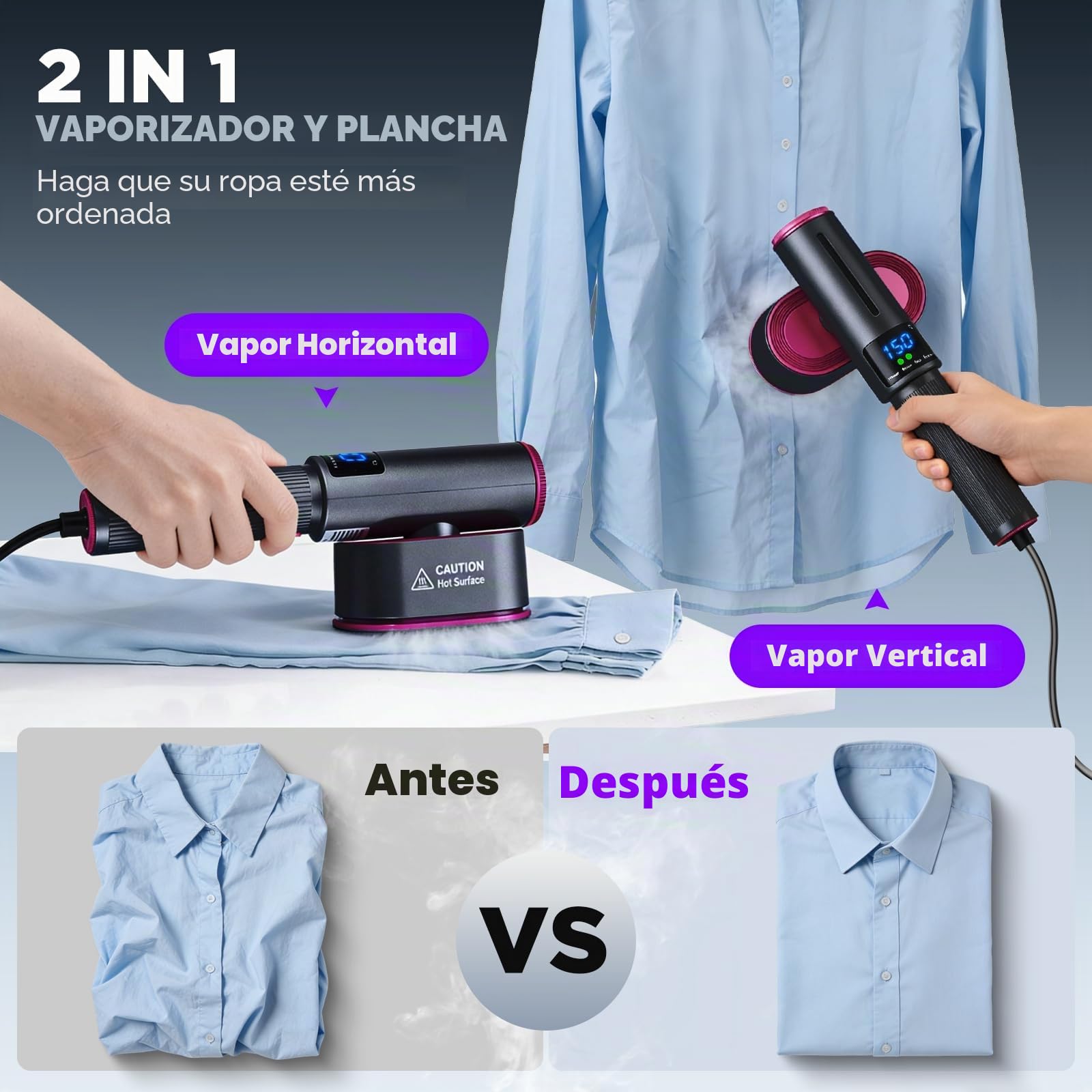 Plancha Vertical Vapor 1200 W, Flujo de Vapor 24g/min, Calentamiento Rápido 15 s, Plancha Ropa 2 en 1, Pantalla LED, Ferro Vapor Vertical Portátil para Hogar y Viaje