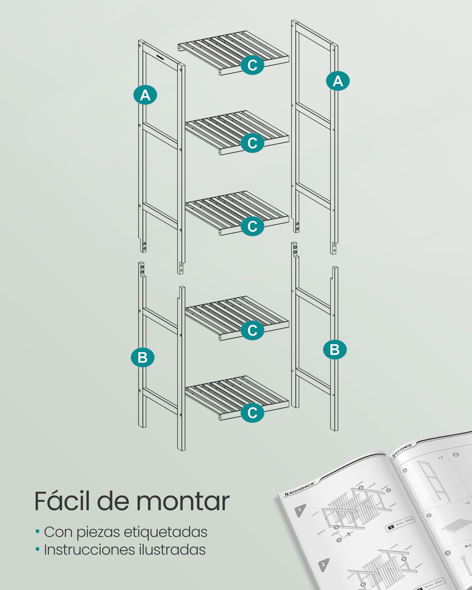 SONGMICS Estantería de Baño de Bambú 5 Niveles, Estantería Esquinera Estrecha, Blanco Nube BCB055W01