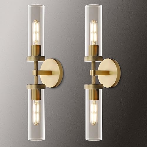 Miniatura 1 de Juego de 2 apliques de pared de latón moleteado, 21 pulgadas, 2 luces, apliques de pared dorados para baño, luces de tocador de vidrio, apliques de