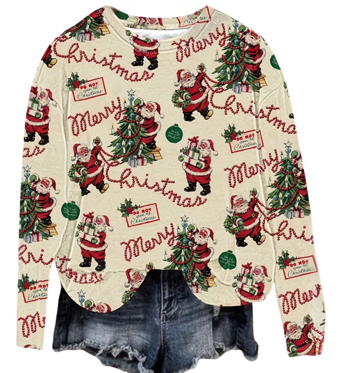 Huovud Vintage Christmas Shirts for Women Long Sleeve Vintage Santa Claus Shirts Fashion Christmas Holiday Tops