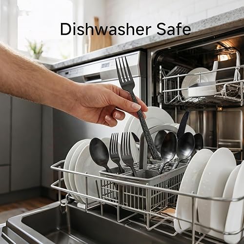 Miniatura 8 de KINGSTONE Juego de 40 cubiertos martillados negros para 8, acero inoxidable 18/10, juego de cubiertos de alta resistencia para el hogar,