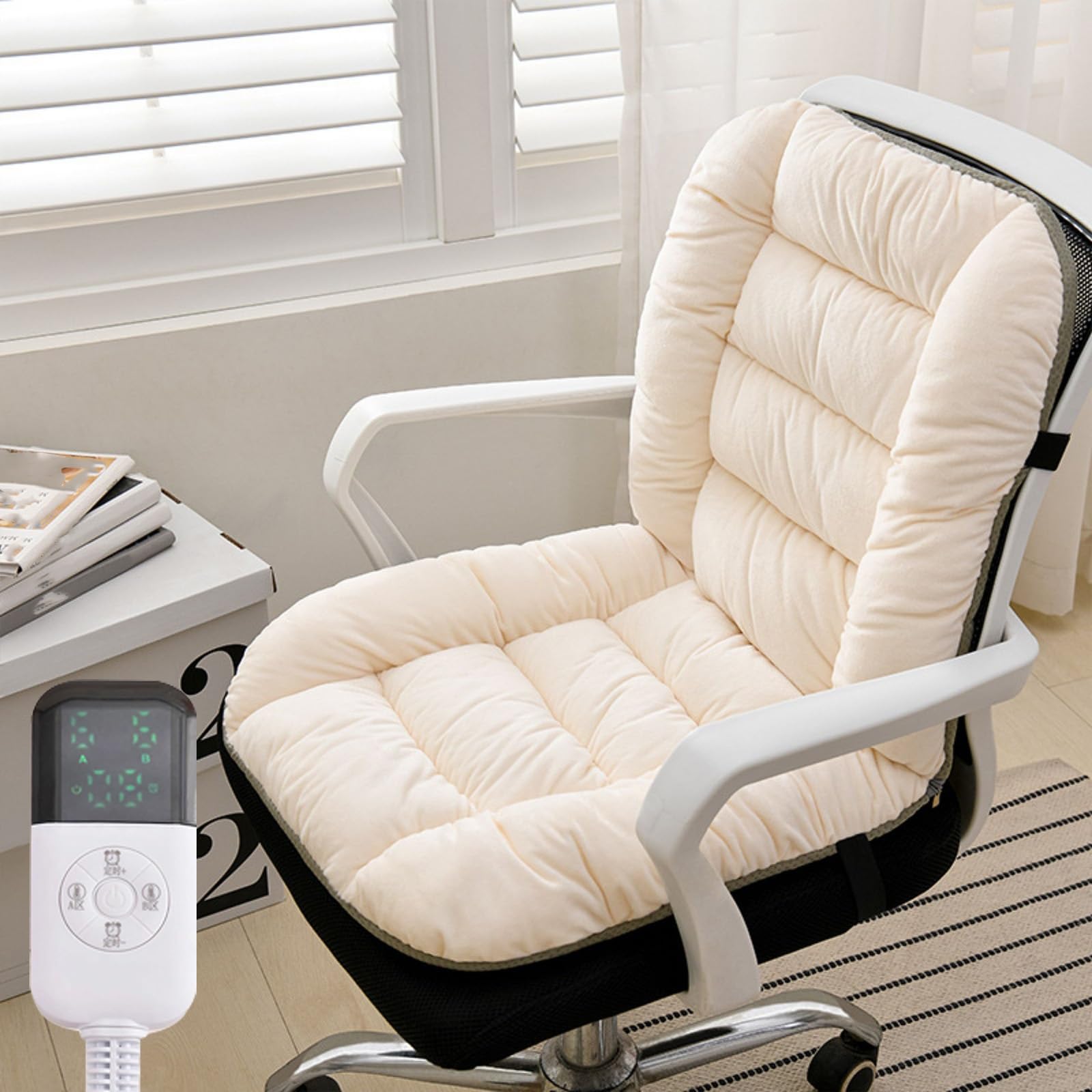 Coussin Chauffant avec Chauffage par Zone, Tapis Chauffant pour Chaise de Bureau avec Minuterie de 1 à 12 Heures et 9 Températures Réglables, Coussin Siege Bureau(White)
